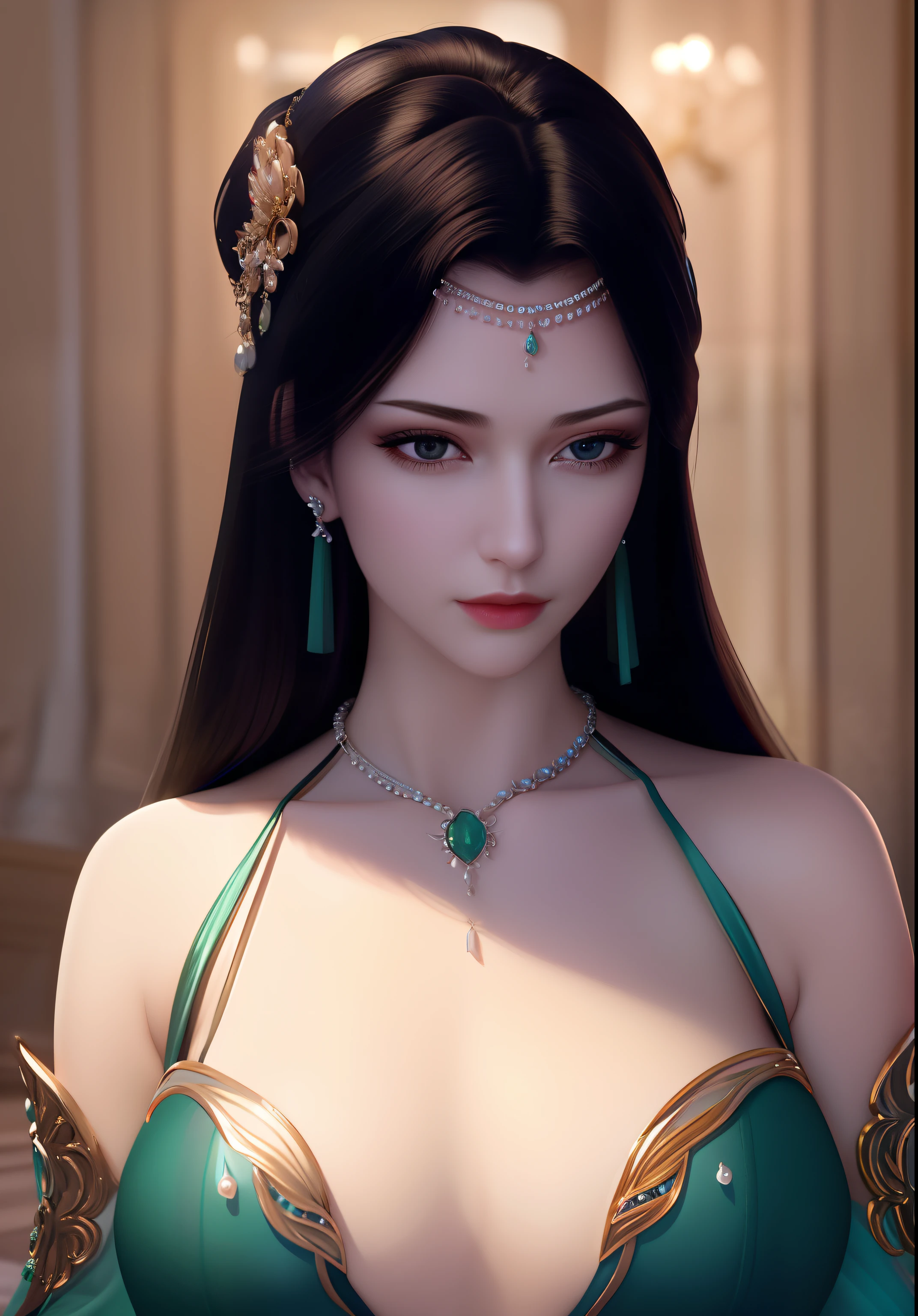 ultra realistic 8k cg, picture-perfect face, flawless, clean, masterpiece, professional artwork, famous artwork, cinematic lighting, cinematic bloom, perfect face, beautiful face, beautiful eyes, fantasy, dreamlike, unreal, science fiction,big breasts, beautiful clothes, absurdly long hair, very long hair, (rich:1.4), prestige, luxury, jewelry, diamond, gold, pearl, gem, sapphire, ruby, emerald, intricate detail, delicate pattern, charming, alluring, seductive, erotic, enchanting, hair ornament, necklace, earrings, bracelet, armlet,
((1girl, black dress, ))