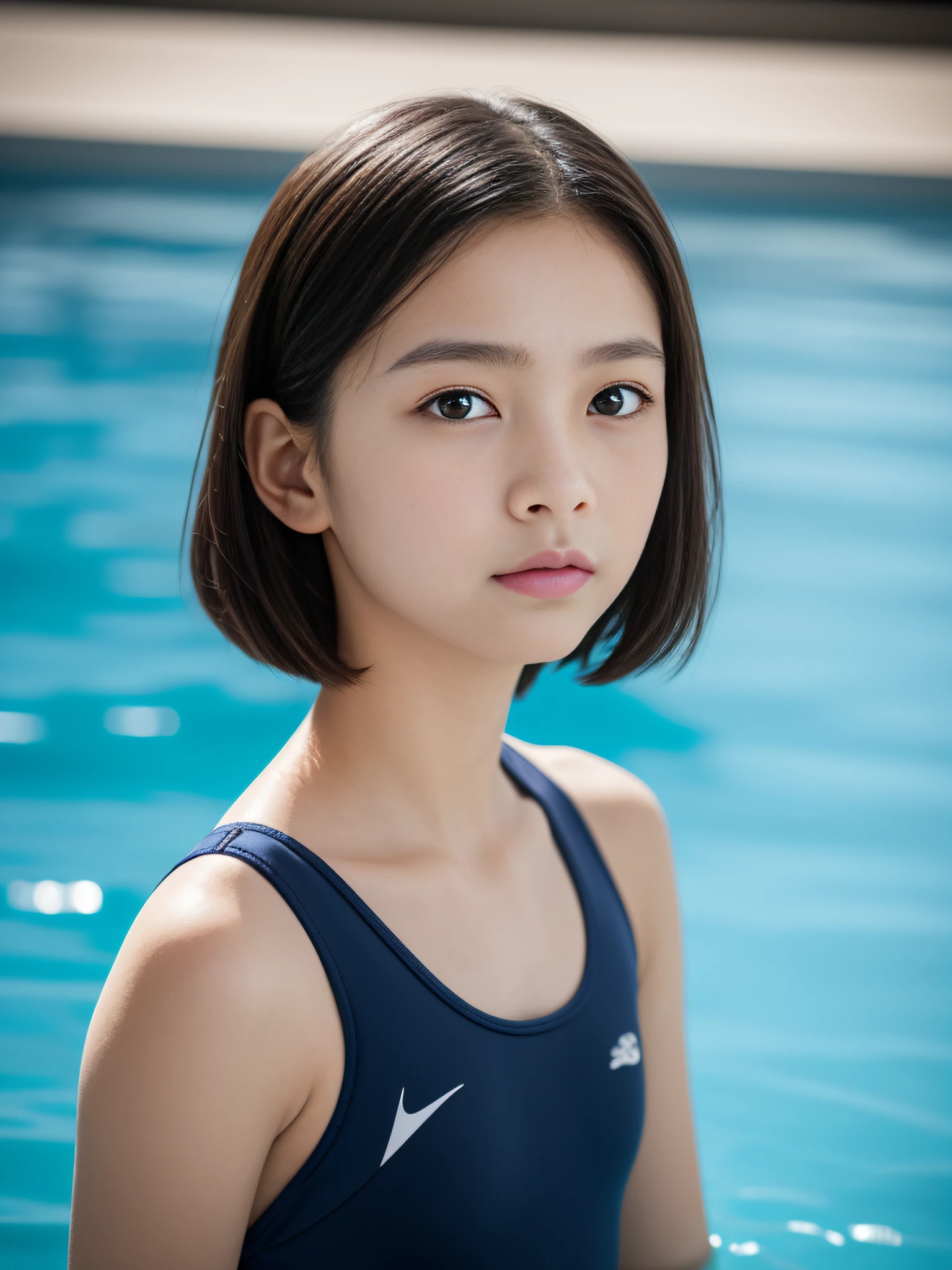 Neat and clean girl, petiterson, (slim, Small, Flat, Small), Short black hair, Photorealistic, detail, Detailed skin texture, Ultra Detail, Super Detailed Face, Detailed eyes, (10years olicate eyebrows、short neck、Little baby face、Proraphy、watching at viewers、(Dark Navy School Swimwear)、onepiece swimsuit、a river、swimming pools、falls