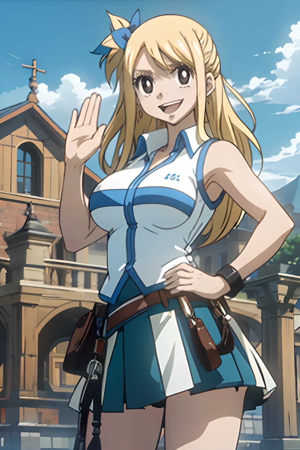 masterpiece, best quality, high-resolution, lucy heartfilia, blonde hair, long hair, brown eyes, black pupils, large breasts, white shirt, sleeveless, belt, blue skirt, cowboy shot, standing, looking at viewer, outdoors, waving, smile, open mouth,