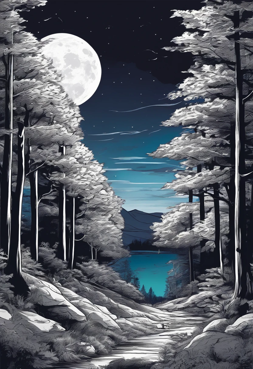 Night forest panels with full moon with mountaindark,comic panels creepy tress around,dark night,dark sky
