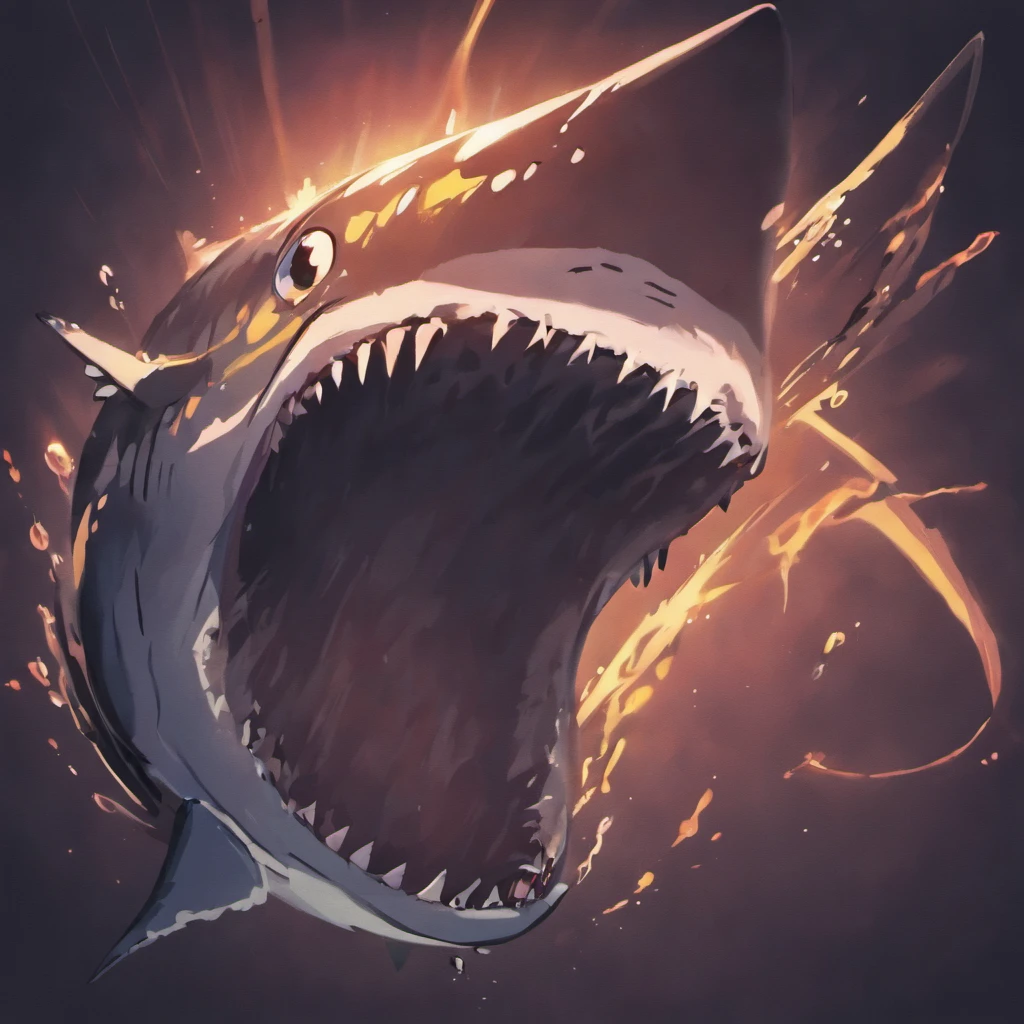 /imagine prompt: shark illustration for a sticker with a black background, in bold outline style, jagged edges, trashcore, light shading --v 5.2