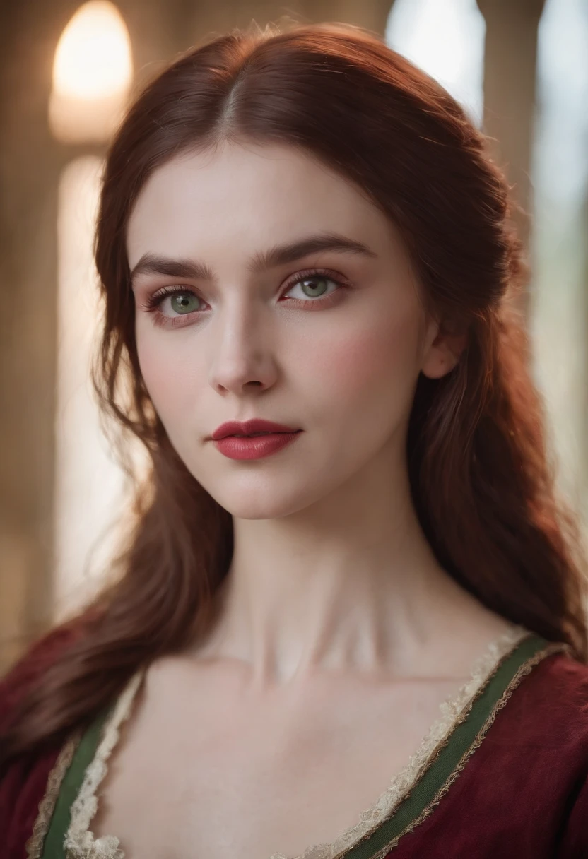 (((a deep reddish wound crosses her left cheek))) fair complexion, woman around 19 years old, natural white hair, distinctive green eyes, wearing kohl, slender and graceful, beautiful, candlelight in a medieval setting, ultra sharp focus, realistic shot, medieval female clothes, tetradic colors (scar:1.4) nsfw