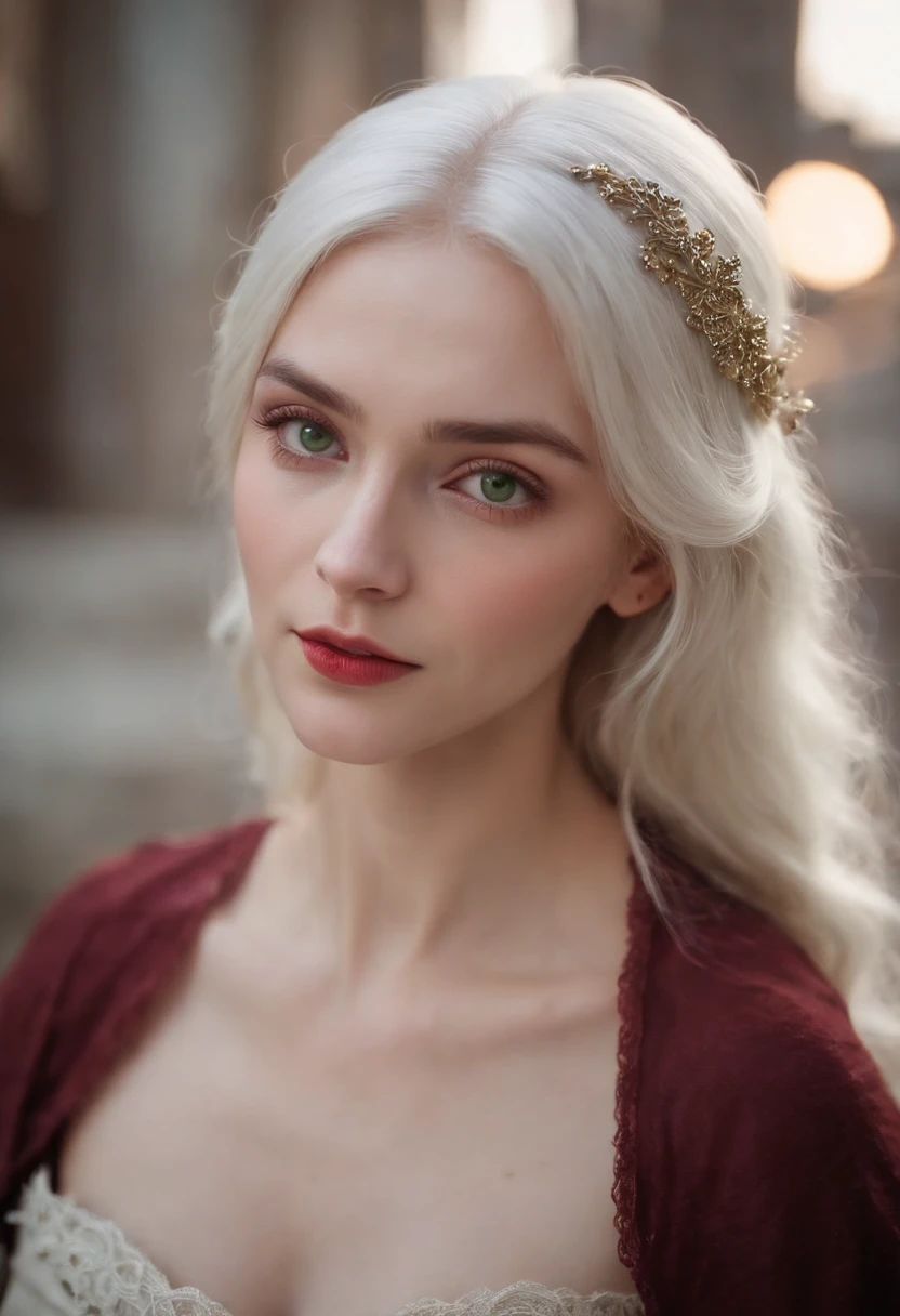 (((a deep reddish wound crosses her left cheek))) fair complexion, woman around 19 years old, natural white hair, distinctive green eyes, wearing kohl, slender and graceful, beautiful, candlelight in a medieval setting, ultra sharp focus, realistic shot, medieval female clothes, tetradic colors (scar:1.4) nsfw