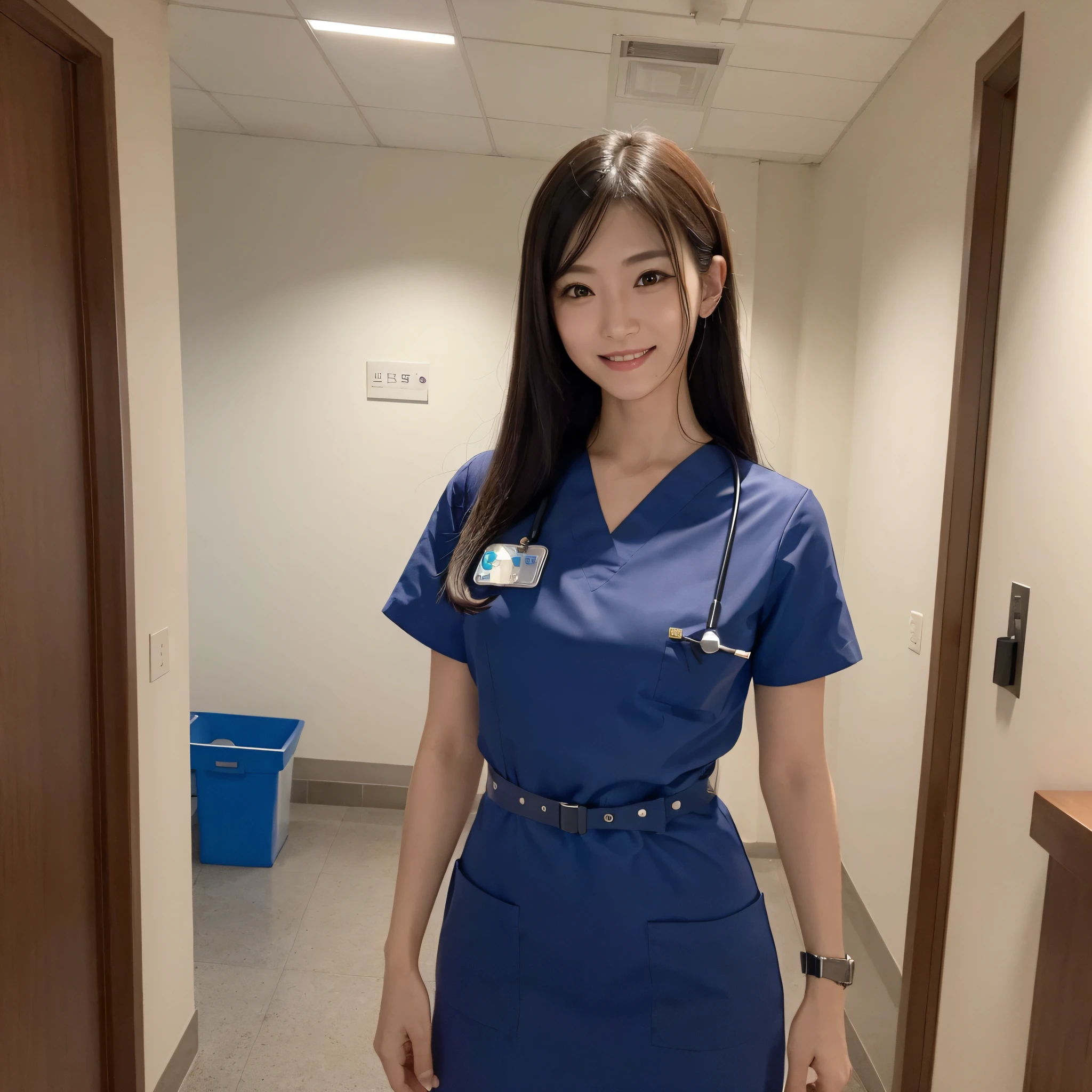 One Nurse Woman、((best qualtiy、8k masterpieces:1.3))、foco nítido:1.2、(ultra beautiful faces:1.0)、(shinny skin:1.0)、photos realistic、A dark-haired、Video Lighting、High-definition eyes and face、Video Lighting、Japan Idol Actress、from the front side、medium breasts、Smile、Slender Abs Beauty、Whole body、Wearing a nurse's costume、at hospital