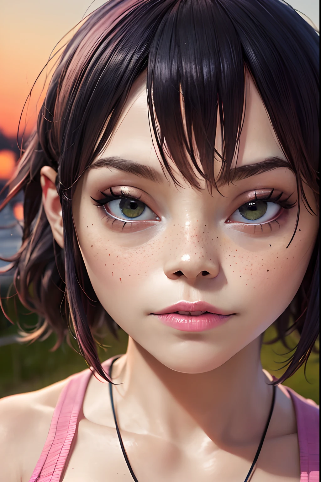 (masterpiece, best quality:1.2),  noodle (gorillaz), black hair, 1girl, black eyes, bangs,  parted lips, breasts, small breasts,  bob cut, absurdres, highres, 4k, ray tracing, perfect face, perfect eyes, intricate details, highly detailed, top-quality, masterpiece, best quality, on the wooden pier, (tank top:1.2), (pink halter top:1.4), 1girl, fully clothed, looking at viewer, (extreme close up, ecu, full face shot:1.3), (detailed face:1.4), (candid photography:1.2), colorful, content, relaxed, soft smile, (shoulder length hair:1.3), (foundation, concealer, mascara, rosy cheeks, smokey eye makeup, lipstick:1.3), nail polish, (beautiful, gorgeous, flawless complexion:1.2), lip gloss, shiny lips, freckles, antique rose, rustic brown, warm beige, dusty blue, faded olive, standing, (sunset, dusk:1.25), fcDetailPortrait, professional photography, HDR (High Dynamic Range), subsurface scattering, realistic, heavy shadow, masterpiece, ultra realistic, high resolution, golden ratio, rule of thirds, intricate, high detail, film photography, DSLR