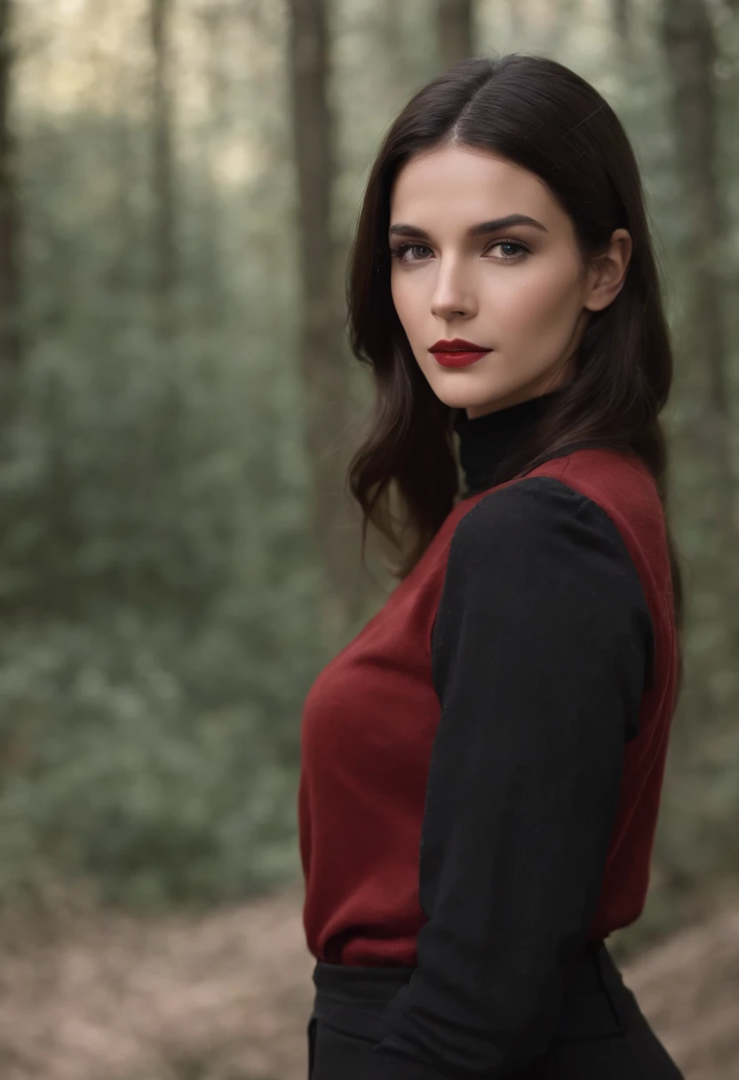 emilisia gomezi, tall, gorgeous, spanish descent, age 23, smooth skin, black hair. red color turtle neck, black fitting pants, simple silver cross necklace, working at the underground base, highly detailed, well lit,  8k, reviewing artifacts, holding a long whip. amazing detail,
