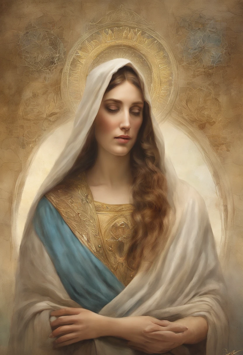 (Maria, Mother of Jesus Christ | ), photo portrait, supervision: by Drew Tucker, supervision: Adam Marczyński, supervision: Alexander Kuchalski, supervision: by Gavin Nolan, 8k surrealism, supervision: by Jason Felix, Yuri Shvedov and Tom Bagshaw, illustrative art, Estilo Erik Johansson