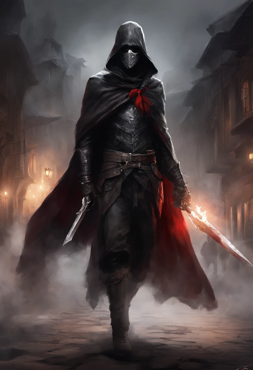 (ultra-detailed CG unit 8k wallpaper, Master parts, Best quality, depth of fields, hdr), 1boy, anime character, short silver hair, long black cape, turtleneck, serious, mask in the eyes, The mask is painted with a scary smile, white mask, The mask fits the face just right, on top of a old town (night) , vigilant, trained physique, assassin style, black clothing all over the body, agile, light armor, anime (Master parts: 1.4) (illustration: 1.4), Red studio lighting, Post-processing, 8K resolution, deep dark background, imponent, Well-composed photos, Impressive, (darken: 1.5)