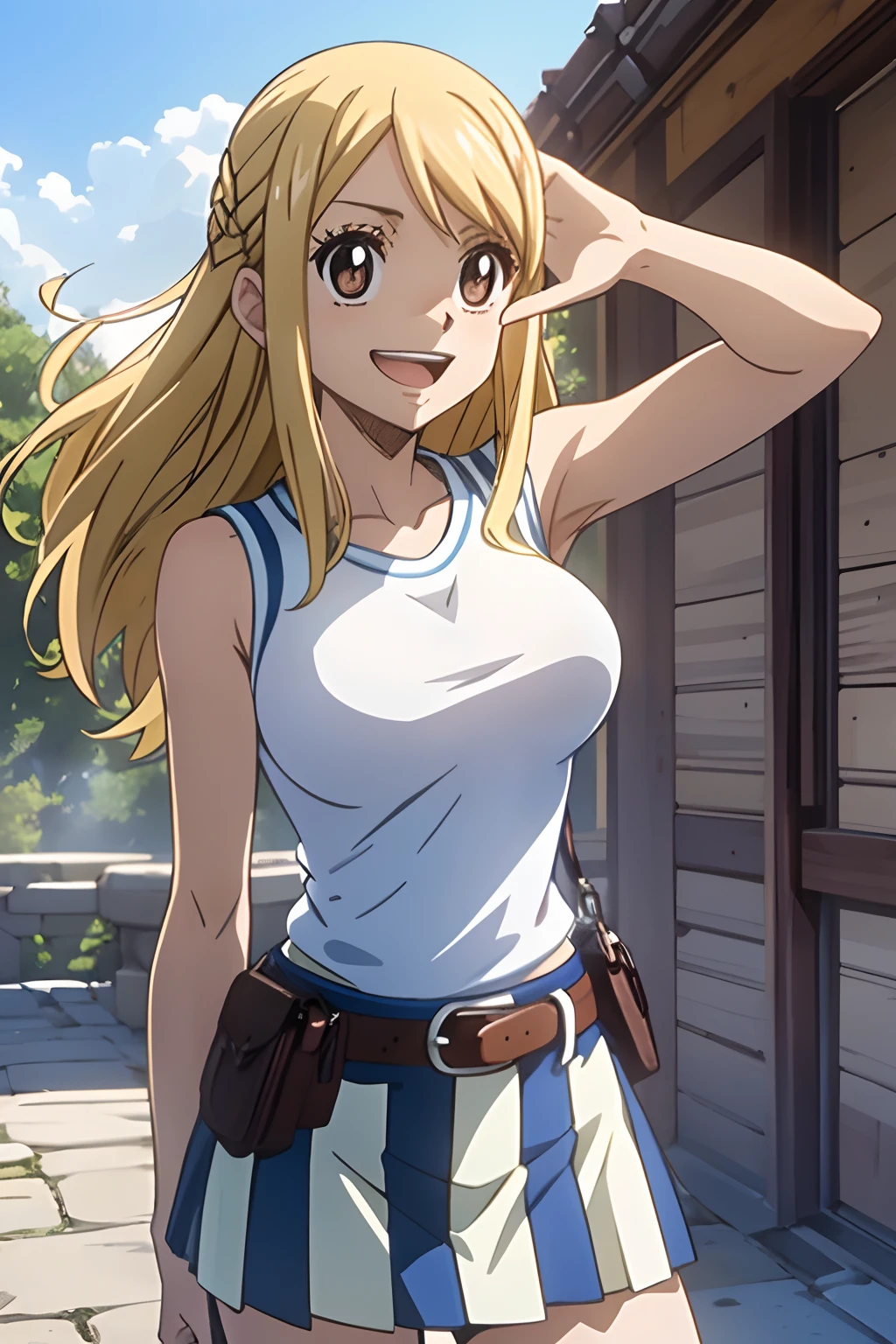 masterpiece, best quality, high-resolution, lucy heartfilia, blonde hair, long hair, brown eyes, black pupils, large breasts, white shirt, sleeveless, belt, blue skirt, cowboy shot, standing, looking at viewer, outdoors, waving, smile, open mouth,