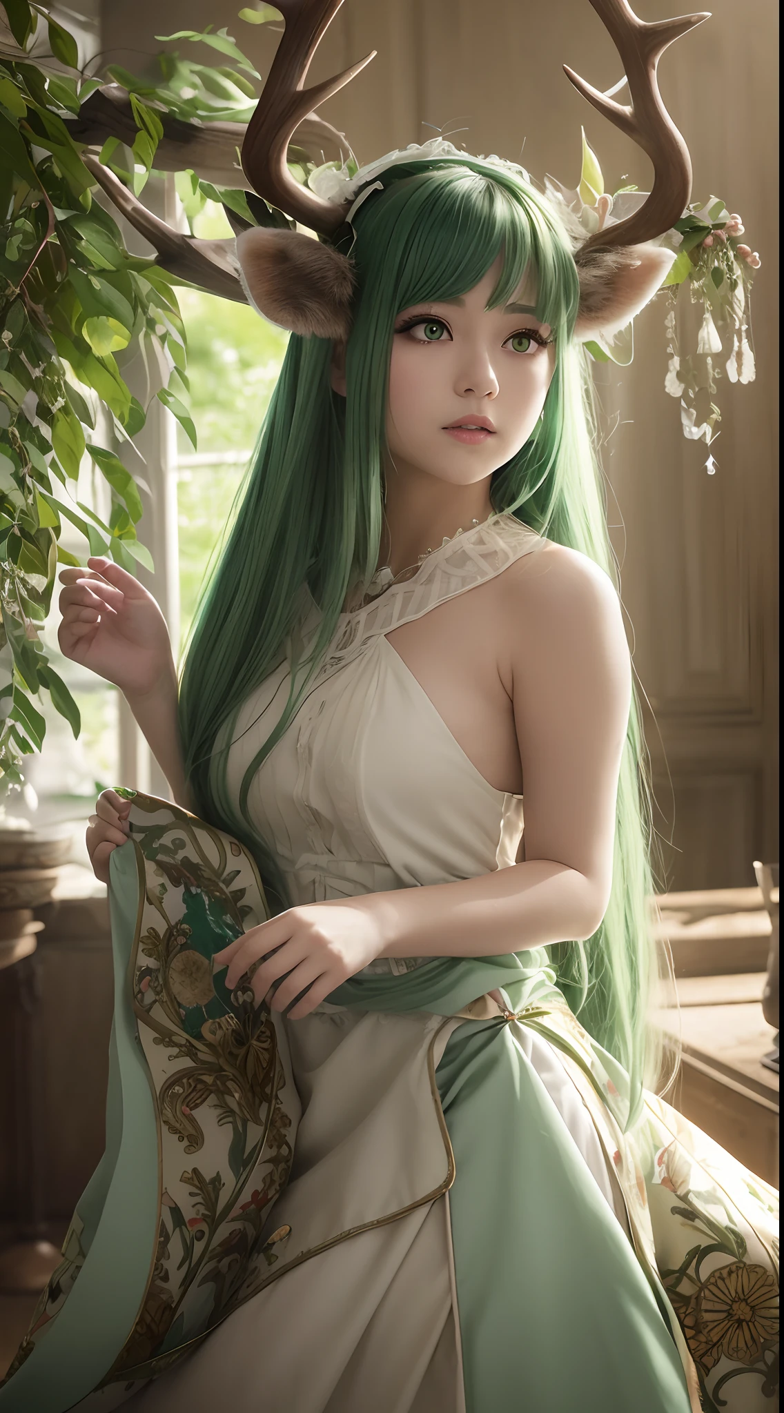 exquisite facial features,Cute loli,adorable round face,Green and white hair,long whitr hair,looking at viewert,White-colored skin,navel,with brown eye,full bodyesbian,inside a room,green color, Exposing cleavage,ancient wind,Hanfu,Naked,The stands up,actual