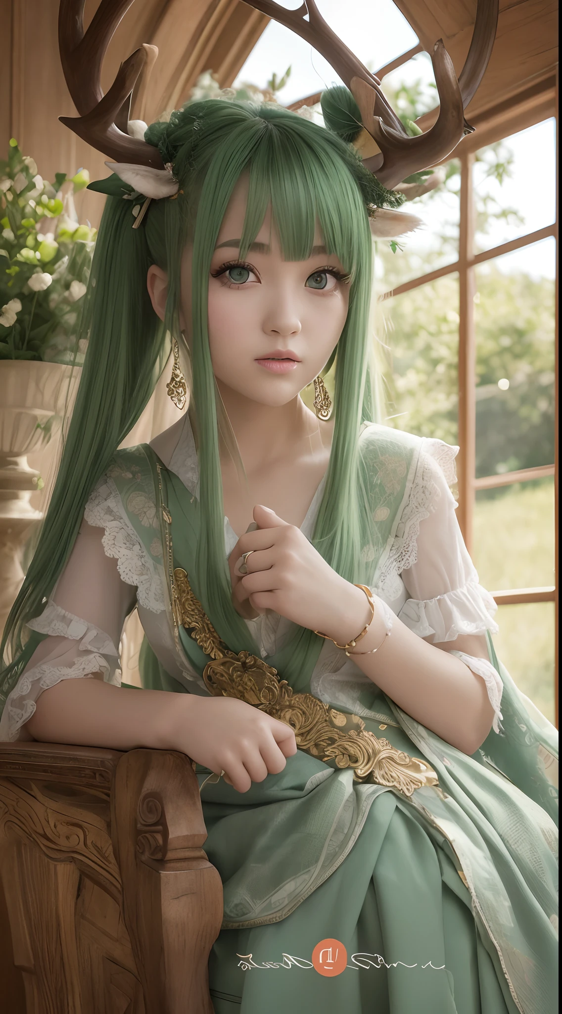 High-quality graphics,tmasterpiece,Bokeh,Green-haired beauty,Yellow vertical pupils,deer antlers,Maid decoration,Soft lighting,stooped,Playful,Sharp focus,Ultra-detailed,Portrait,landscape,Vivid colors,Soft lighting