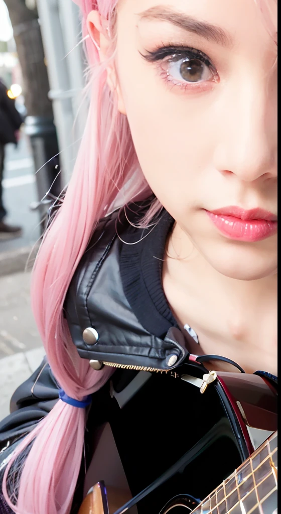 (masutepiece), (Portrait), (Aesthetic), (cute little), (upper blody), (High quality), (aesthetic clothings), (professional angle), (thirds rule), (Feminine), (Woman), , (Beautiful),(Feminine features), (18year old:1.4), Solo, 1 woman, (Charming punk girl), Blue eyes,Full body,faces、(A smile:1.5),(facing front:1.2),Dramatic light, ((Playing guitar)), Edgy makeup, (Small bust), ((electric guitar)), (Front face), (Defiant expression), ((defiance)), (Leather jackets and tattoos), ((Short hair)), (dyed (E.G. and pinks) hair), (spiky hair), (Thick hair), Matte Shine Hair, (Hair bands scattered in the hair), (Bold and bold look), (pale skin), (Dark clothes), (Band T-shirt), (Ripped jeans), ((Urban alley background)), (up close shot), Beautiful hands, Two hands, normal hands, Two arms, complete hands, Beautiful body, Beautiful fingers, normal fingers, Five Fingers, Five Fingers, (Thumb index finger ring finger), Beautiful ears, normal ears, Beautiful eyes, shiny eyes, Beautiful mouth, Beautiful lips,Medium hair with pink hair, (Pink hair), Ear Hair, small tits, Single braid, (Single braid), (Side braid)