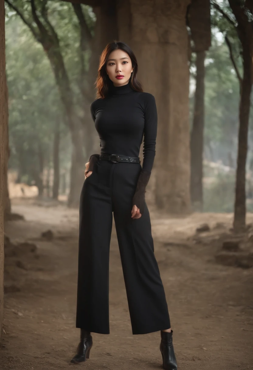 asian beauty, tall, gorgeous, spanish descent, age 23, smooth skin, black hair. red color turtle neck, black fitting pants, simple silver cross necklace, working at the underground base, highly detailed, well lit, 8k, reviewing artifacts, holding a long whip. amazing detail,