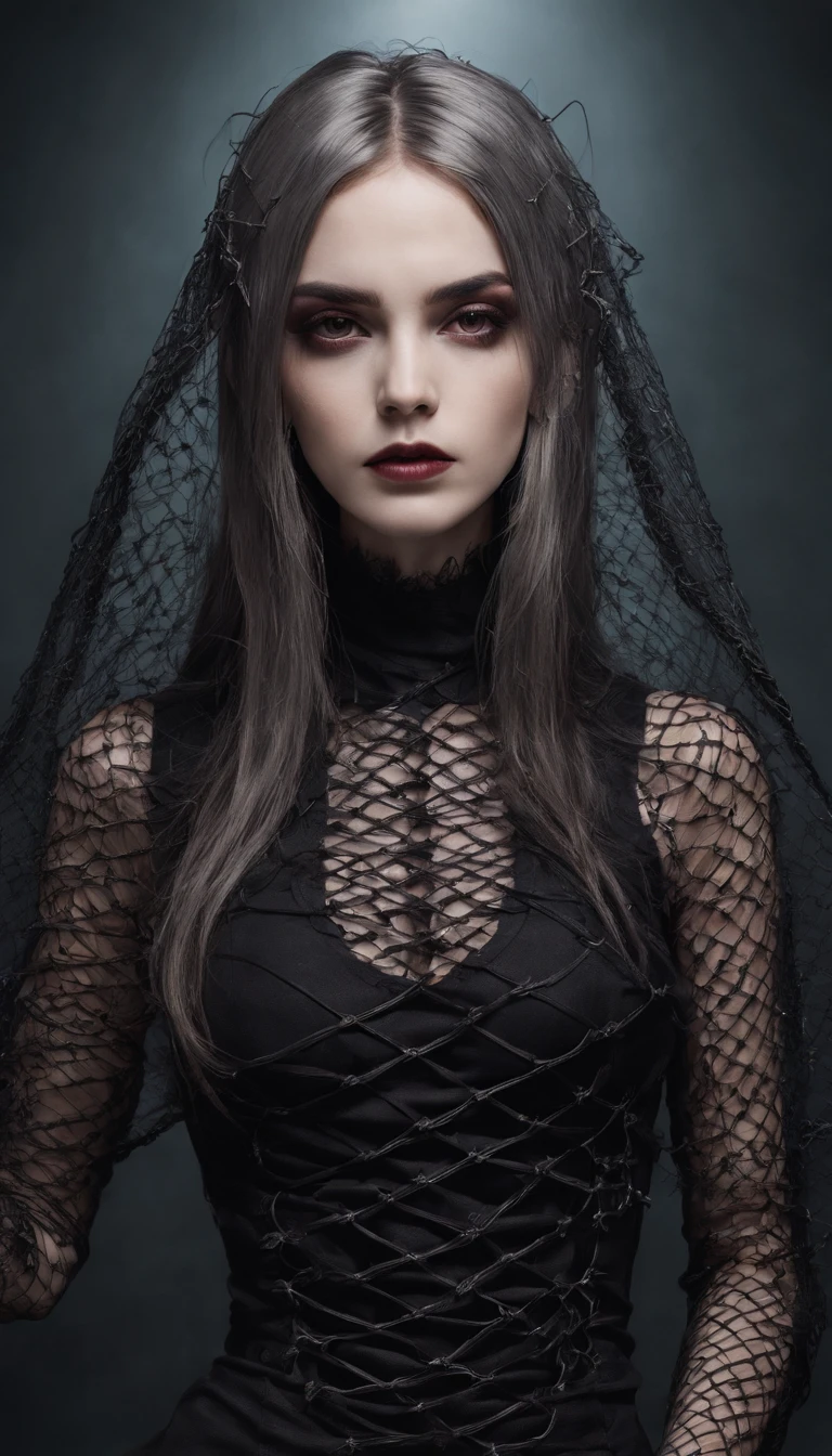 Girl with gothic net symbolic clothes, .com (Barbed wire of the body) brunette color hair, Gray hair ends, highres, ultra-detailed, realistic:1.37, portraits, dark, haunting, surreal, vibrant contrast, intense shadows, dramatic lighting