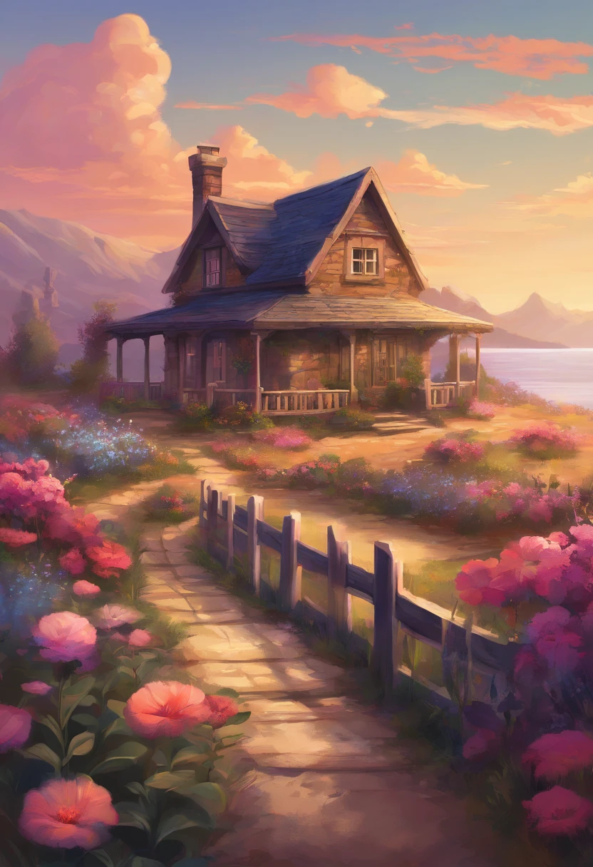 painting of a cottage, flowers beside of fence, fence along the road, mountain landscape with a lake and a boat, illustration matte painting, inspired by Thomas Kinkade, symmetric matte painting, detailed scenery , style raw, 8 k ultra detailed, environment design illustration, scenery art detailed, Seaside view, concept-art, 4k highly detailed digital art, 4 k digital painting, 4k digital painting, stunning digital illustration, Desert background, digital painting concept art, Detailed digital painting