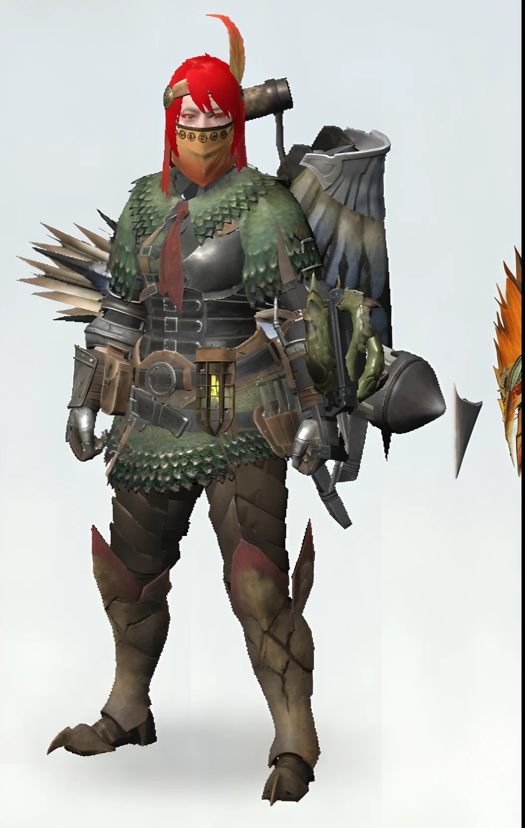 Close-up of a person with red hair and a sword, in monster hunter armor, wearing monster hunter armor, chicken feather armor, with scaly-looking armor, Black Aarako Craigur Warlord, Safijiva Armor, heavy fantasy armor, with a light leather armor, Titans of Erebos, Redwood Forest Themed Armor, Detailed Armor