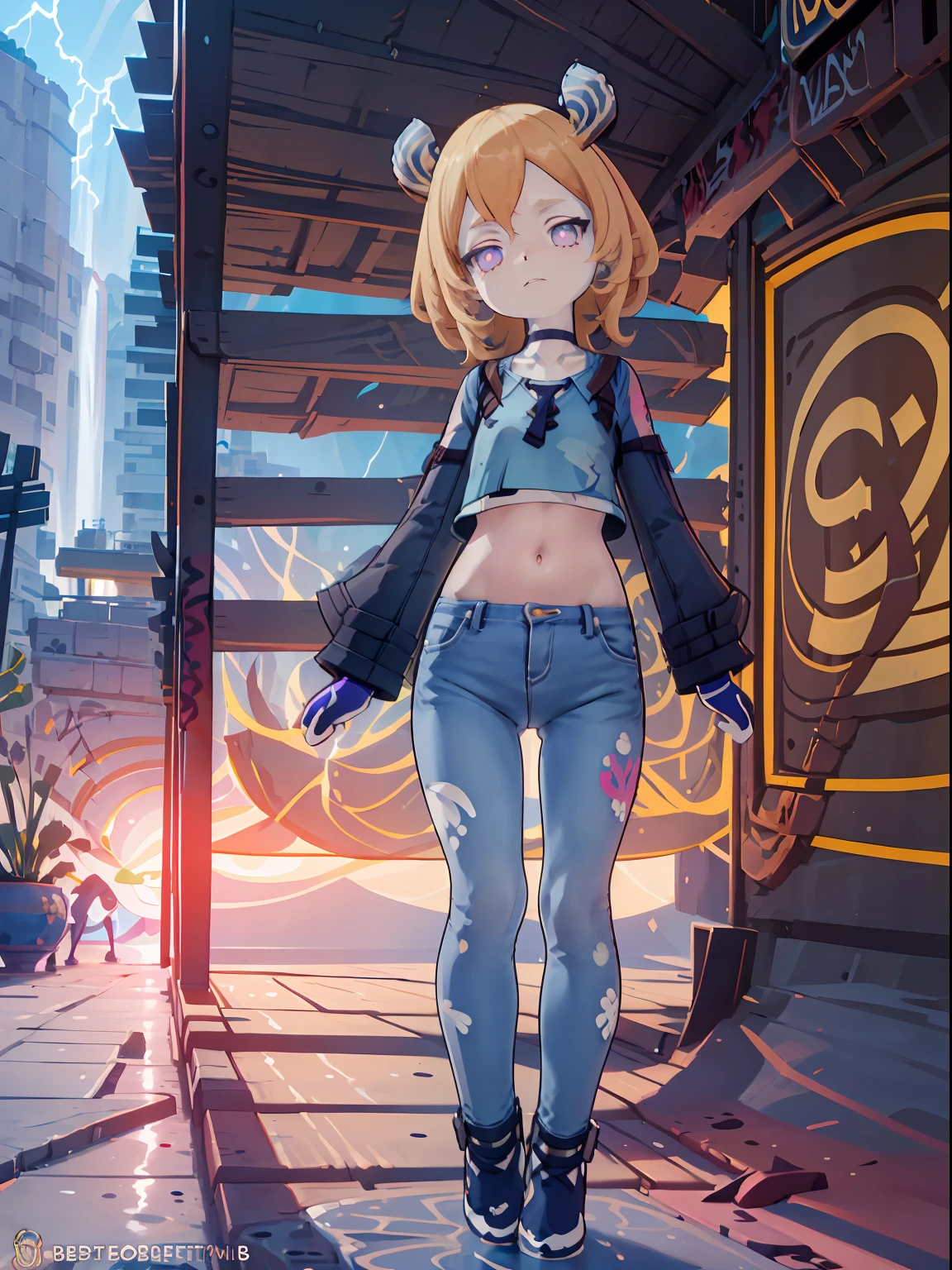 Melousine | genshin impact, master-piece, bestquality, 1girls,25 years old, proportional body, elongated legs, proportional., crop top, Long Jeans, mediuml breasts, ,bara, crop top, choker, (Graffiti:1.5), Splash with purple lightning pattern., arm behind back, against wall, View viewers from the front., Thigh strap, Head tilt, bored, 10, 10, HD,