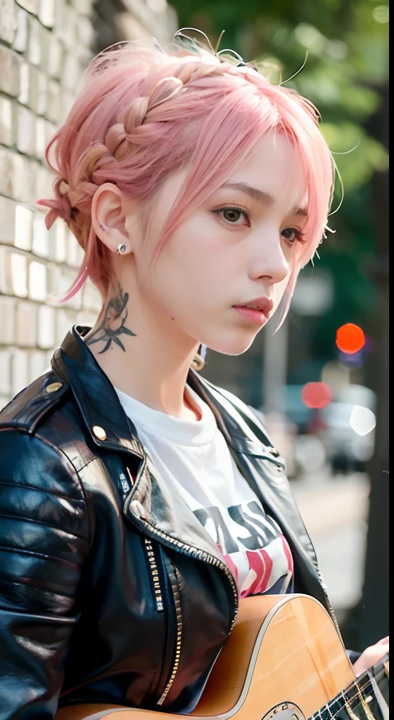 (masutepiece), (Portrait), (Aesthetic), (Beautiful), (upper blody), (High quality), (aesthetic clothings), (professional angle), (thirds rule), (Feminine), (Woman), (Female), (Beautiful),(Feminine features), (18year old:1.4), Solo, 1 woman, (Charming punk girl), Winters, Dramatic light, ((Playing guitar)), (Standing), Edgy makeup, (Small bust), ((electric guitar)), (Front face), (Defiant expression), ((defiance)), (Leather jackets and tattoos), ((Short hair)), (dyed (E.G. and pinks) hair), (spiky hair), (Thick hair), Matte Shine Hair, (Hair bands sprinkled in the hair), (Green eyes), (Bold and bold look), (pale skin), (Dark colored clothing), (Band T-shirt), (Ripped jeans), (-), Crew Neckline), ((Urban alley background)), (up close shot), Beautiful hands, Two hands, normal hands, Two arms, complete hands, Beautiful body, Beautiful fingers, normal fingers, Five Fingers, Five Fingers, (Thumb index finger ring finger), Beautiful ears, normal ears, Beautiful eyes, shiny eyes, Beautiful mouth, Beautiful lips,Medium hair with pink hair, (Pink hair), Ear Hair, small tits, Single braid, (Single braid), (Side braid)