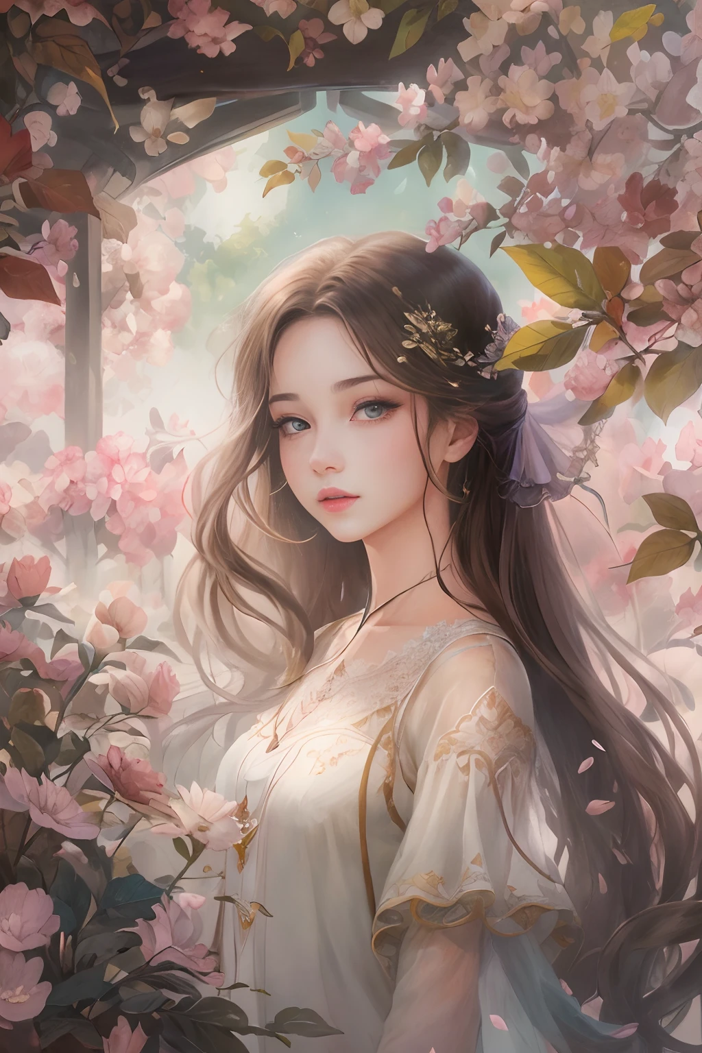 A girl standing in a beautiful garden, Surrounded by vibrant jasmine plants and jasmine petals floating in the air. The scenery is picturesque, A tranquil river flows beside the winding road. The girl has charming and delicate eyes, Long eyelashes enhance her beauty. Her lips are also beautiful, Adds to her elegant appearance。。。。。。. The artwork is of the highest quality, The resolution is 8K, Provides ultra-detailed and realistic depictions. The colors are vivid and vibrant, Add depth and life to your images. The overall style of the illustration is reminiscent of a masterpiece, Showcase intricate details and craftsmanship. The lighting in the scene is soft and soft, creating a warm and inviting atmosphere.