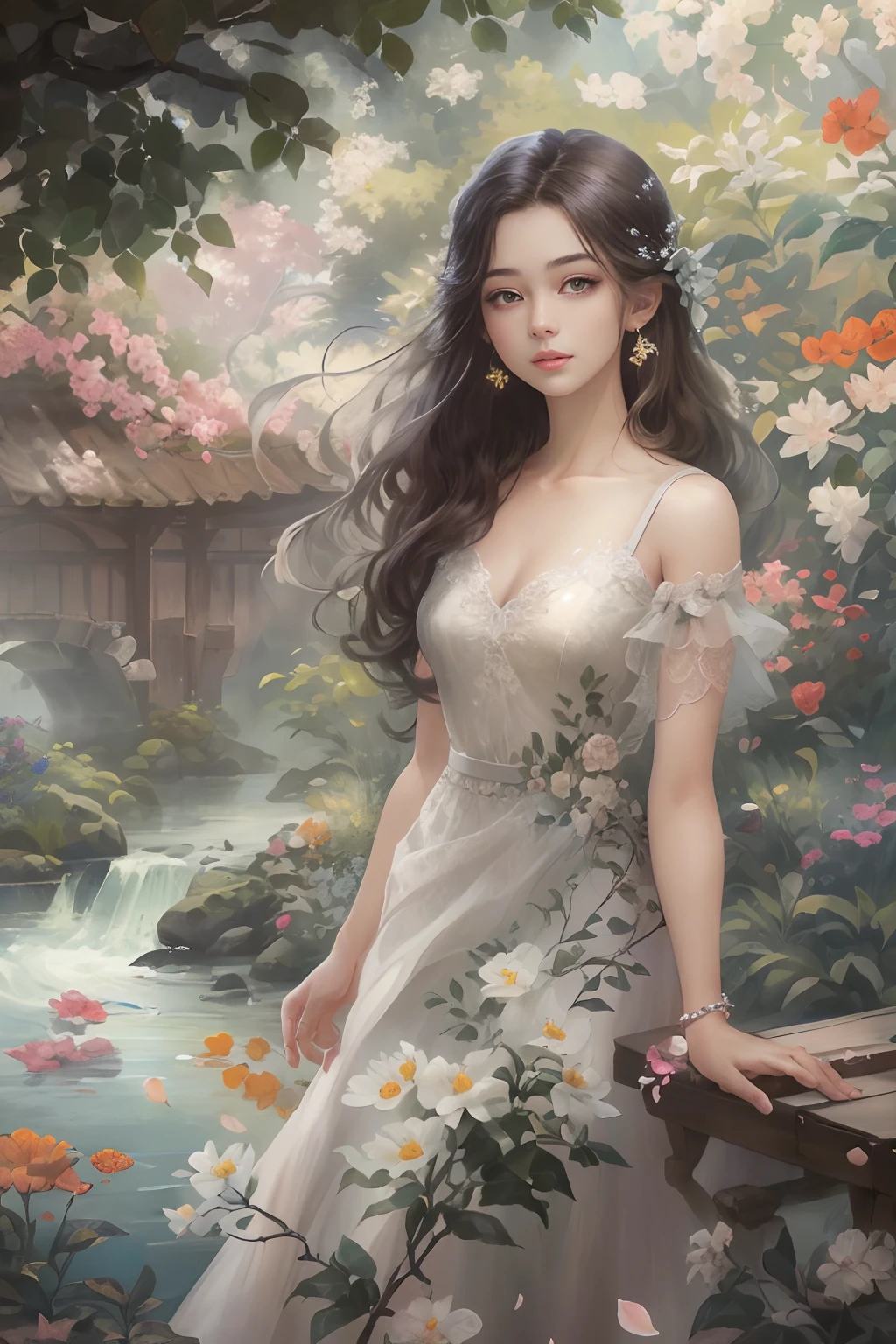 A girl standing in a beautiful garden, Surrounded by vibrant jasmine plants and jasmine petals floating in the air. The scenery is picturesque, A tranquil river flows beside the winding road. The girl has charming and delicate eyes, Long eyelashes enhance her beauty. Her lips are also beautiful, Adds to her elegant appearance。。。。。。. The artwork is of the highest quality, The resolution is 8K, Provides ultra-detailed and realistic depictions. The colors are vivid and vibrant, Add depth and life to your images. The overall style of the illustration is reminiscent of a masterpiece, Showcase intricate details and craftsmanship. The lighting in the scene is soft and soft, creating a warm and inviting atmosphere.