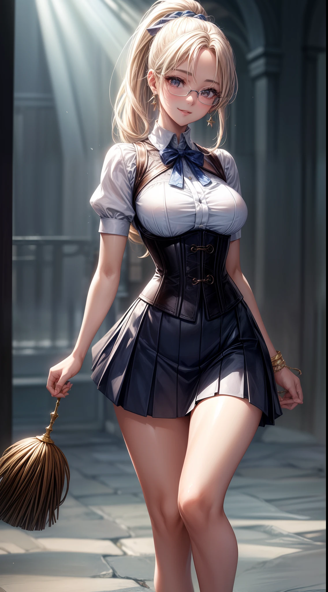 ((masterpiece, highest quality, Highest image quality, High resolution, photorealistic, Raw photo, 8K)), Ultra Wide Angle, blonde, maid dress, mini skirt, medium hair, onnanoko, four legs, horse, cleavage, waist, naval, belly, loose appron