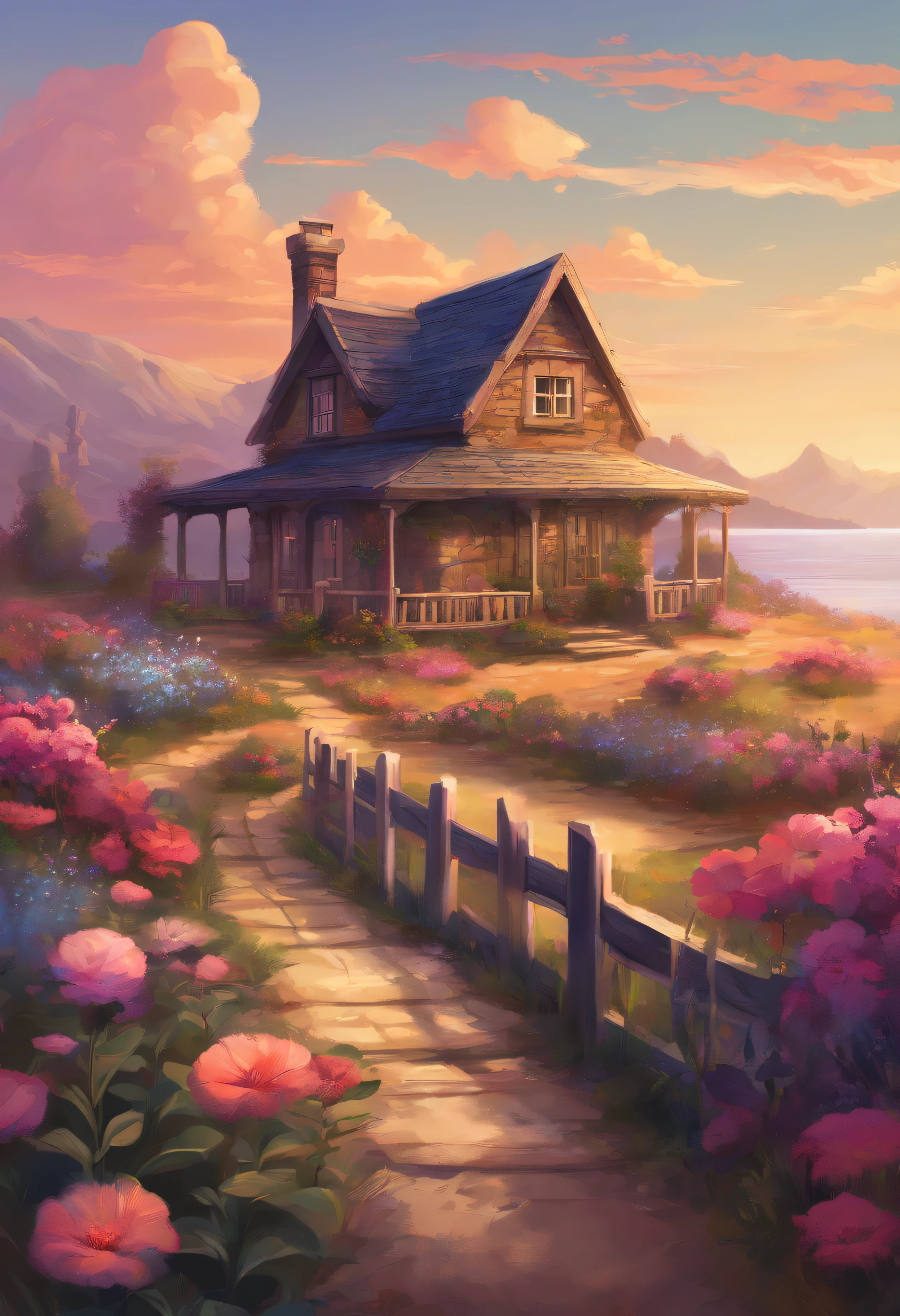 painting of a cottage, flowers beside of fence, fence along the road, mountain landscape with a lake and a boat, illustration matte painting, inspired by Thomas Kinkade, symmetric matte painting, detailed scenery , style raw, 8 k ultra detailed, environment design illustration, scenery art detailed, Seaside view, concept-art, 4k highly detailed digital art, 4 k digital painting, 4k digital painting, stunning digital illustration, Desert background, digital painting concept art, Detailed digital painting