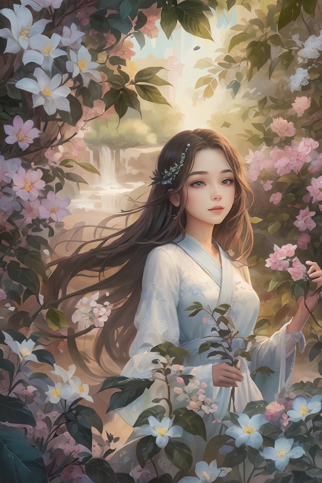A girl standing in a beautiful garden, Surrounded by vibrant jasmine plants and jasmine petals floating in the air. The scenery is picturesque, A tranquil river flows beside the winding road. The girl has charming and delicate eyes, Long eyelashes enhance her beauty. Her lips are also beautiful, Adds to her elegant appearance。。。。。。. The artwork is of the highest quality, The resolution is 8K, Provides ultra-detailed and realistic depictions. The colors are vivid and vibrant, Add depth and life to your images. The overall style of the illustration is reminiscent of a masterpiece, Showcase intricate details and craftsmanship. The lighting in the scene is soft and soft, creating a warm and inviting atmosphere.