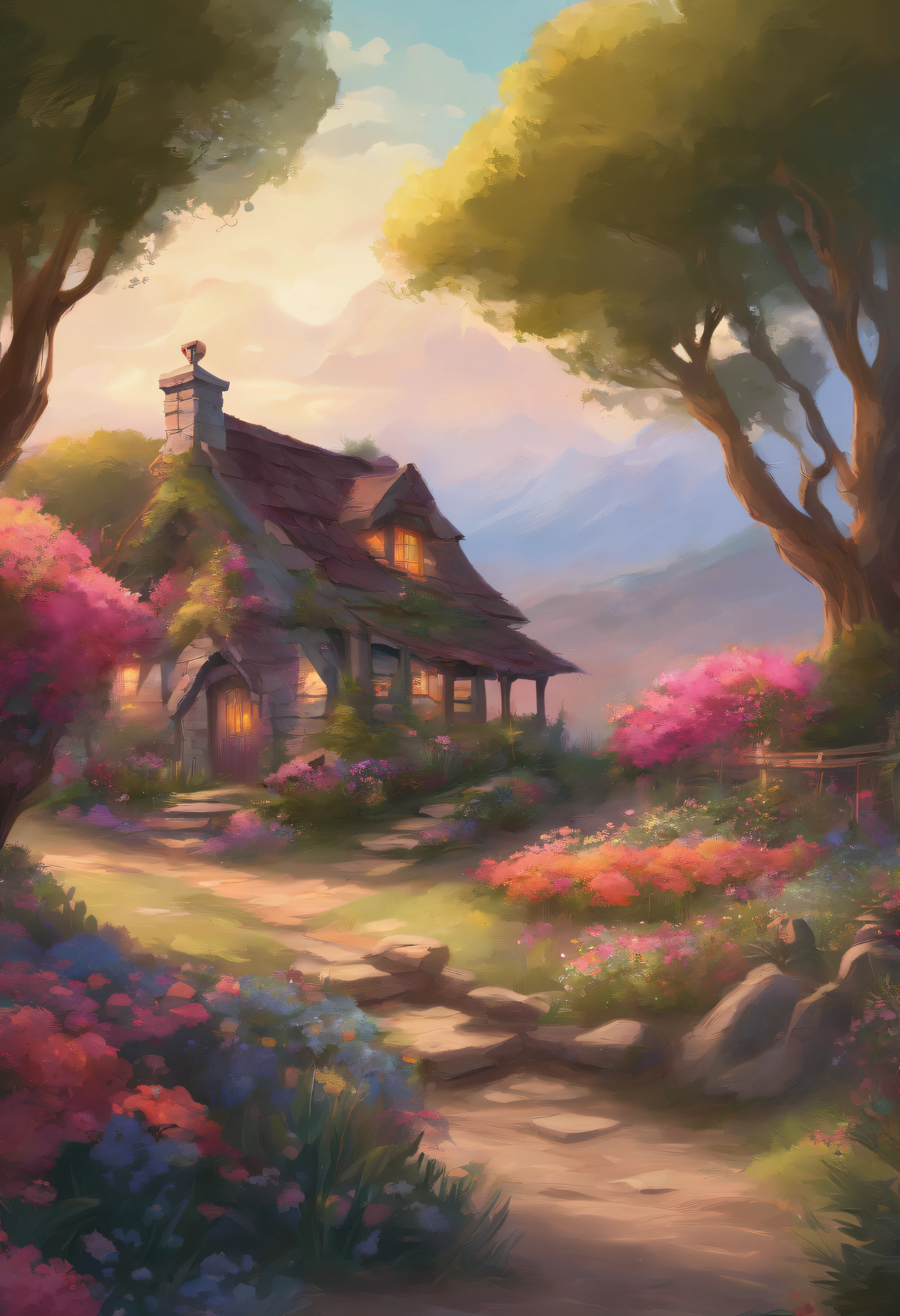 painting of a cottage, flowers beside of fence, fence along the road, mountain landscape with a lake and a boat, illustration matte painting, inspired by Thomas Kinkade, symmetric matte painting, detailed scenery , style raw, 8 k ultra detailed, environment design illustration, scenery art detailed, Seaside view, concept-art, 4k highly detailed digital art, 4 k digital painting, 4k digital painting, stunning digital illustration, Desert background, digital painting concept art, Detailed digital painting