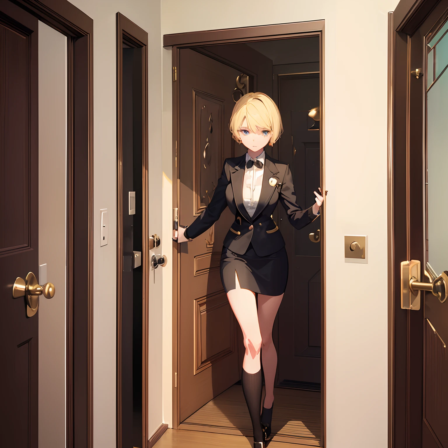 1girll,(short blonde hair:1.6),Business suit,Skirt that wraps hips,black short socks,Mature and beautiful and sexy,Rich and noble families,In the corridor of the villa,(Knocking on the door:2),facing away from the audience,seductive, Ultra-detailed CG,Exquisite facial features,Clear facial expressions,Detailed digital anime art,Digital anime art,High quality anime art style