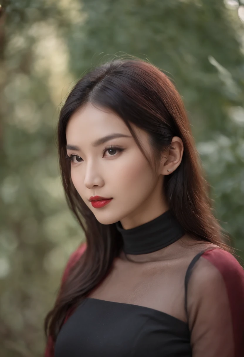 asian beauty, tall, gorgeous,  age 23, smooth skin, black hair. red color turtle neck, black fitting pants, simple silver cross necklace, highly detailed, well lit, 8k, reviewing artifacts, amazing detail,