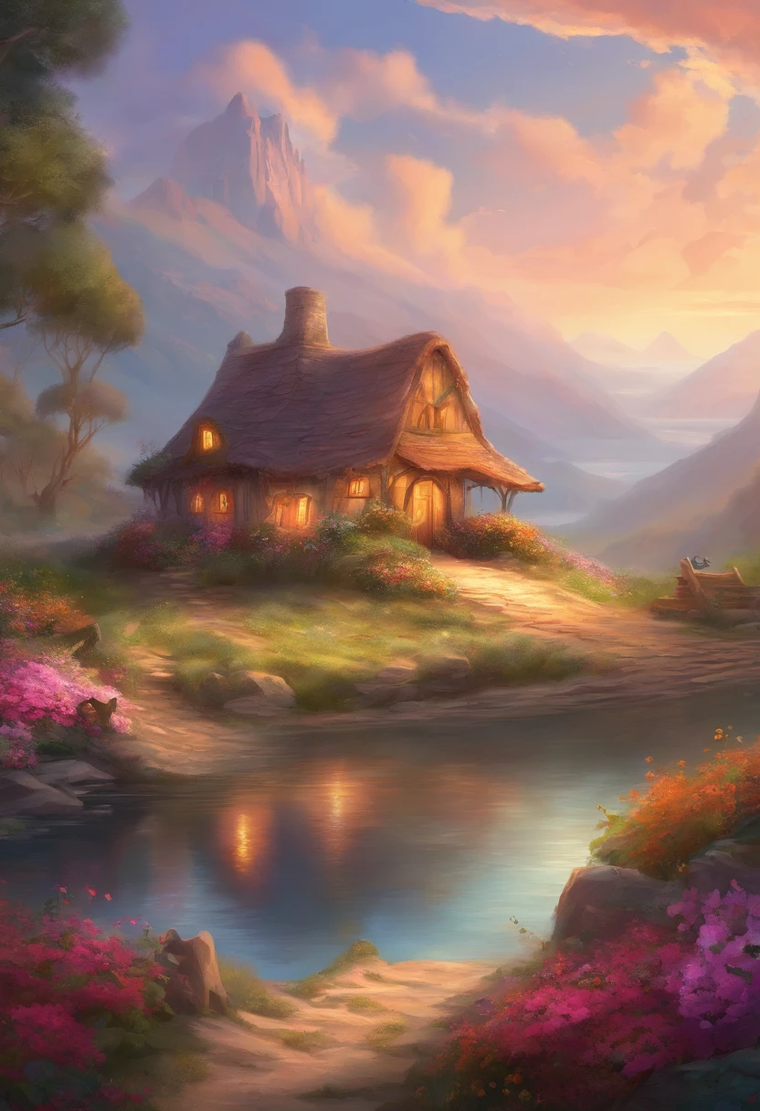 painting of a cottage, flowers beside of fence, fence along the road, mountain landscape with a lake and a boat, illustration matte painting, inspired by Thomas Kinkade, symmetric matte painting, detailed scenery , style raw, 8 k ultra detailed, environment design illustration, scenery art detailed, Seaside view, concept-art, 4k highly detailed digital art, 4 k digital painting, 4k digital painting, stunning digital illustration, Desert background, digital painting concept art, Detailed digital painting