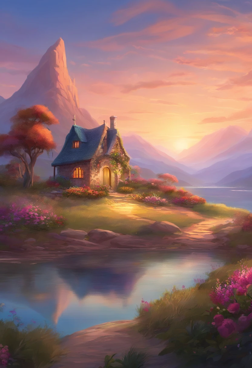 painting of a cottage, flowers beside of fence, fence along the road, mountain landscape with a lake and a boat, illustration matte painting, inspired by Thomas Kinkade, symmetric matte painting, detailed scenery , style raw, 8 k ultra detailed, environment design illustration, scenery art detailed, Seaside view, concept-art, 4k highly detailed digital art, 4 k digital painting, 4k digital painting, stunning digital illustration, Desert background, digital painting concept art, Detailed digital painting