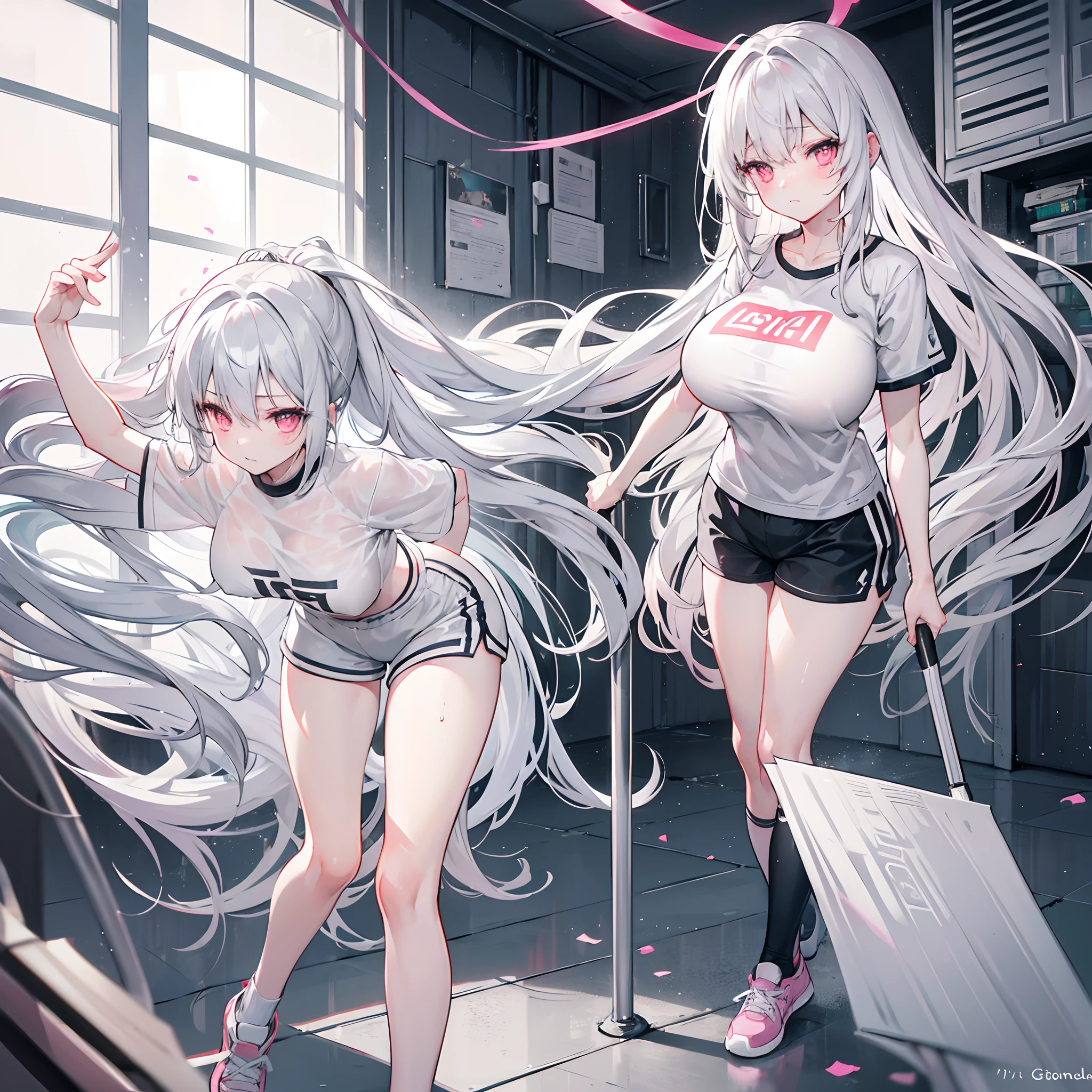 Long gray-white hair scattered,dual horsetail,Pink eyes,Loving pupils,girl,huge tit,White sports shorts,white short sleeve,Clothes drenched in sweat,Stand a word horse,