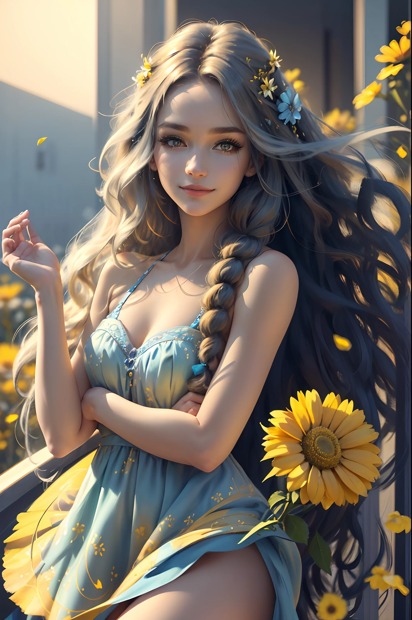 Best Quality, Masterpiece, Ultra High Resolution, Describe a young woman with long, wavy hair, wearing a summer floral dress in shades of blue and yellow. Her makeup is natural, with a focus on her eyes, adorned with mascara and subtle golden eyeshadow. She has a radiant smile and is holding a bouquet of wildflowers."