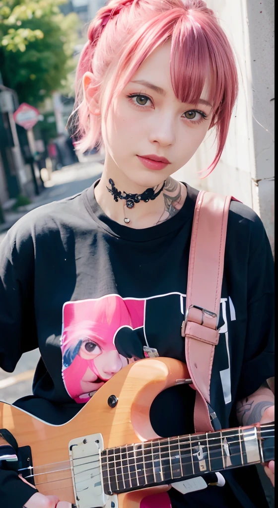 (table top), (portrait), (beautiful), (cute), (Upper body), (high quality), (beautiful服), (Professional angle), (Rule of thirds), (feminine), (woman), , (beautiful),(feminine features), (18-year-old:1.4), alone, woman1名, (attractive punk girl), blue eyes,whole body,face、(laughter:1.5),(frontを向いて:1.2),dramatic light, ((playing the guitar)), it isdgy makeup, (small bust), ((Electric guitar)), (front), (resist的な表情), ((resist)), (Leather jackets and tattoos), ((Short hair)), (dyed (it is.G. and pink) hair), (spiky hair), (Thick hair), matte shine hair, (Hair bands scattered in the hair), (bold and bold look), (white skin), (dark clothes), (band t-shirt), (ripped jeans), Crew neck), ((city alley background)), (close up shot), beautiful hands, both hands, normal hand, upper arm, full hand, beautiful body, beautiful fingers, normal fingers, five fingers, five fingers, (thumb index finger ring finger), beautiful ears, normal ear, beautiful eyes, shining eyes, beautiful mouth, beautiful lips,Medium hair with pink hair, (Pink hair), it isar Hair, , single blade, (single blade), (side blade)