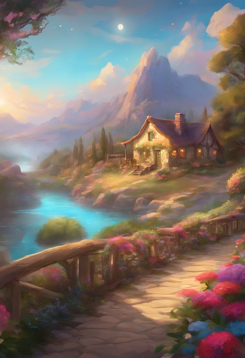 painting of a cottage, flowers beside of fence, fence along the road, mountain landscape with a lake and a boat, illustration matte painting, inspired by Thomas Kinkade, symmetric matte painting, detailed scenery , style raw, 8 k ultra detailed, environment design illustration, scenery art detailed, Seaside view, concept-art, 4k highly detailed digital art, 4 k digital painting, 4k digital painting, stunning digital illustration, Desert background, digital painting concept art, Detailed digital painting