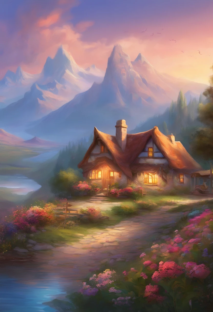 painting of a cottage, flowers beside of fence, fence along the road, mountain landscape with a lake and a boat, illustration matte painting, inspired by Thomas Kinkade, symmetric matte painting, detailed scenery , style raw, 8 k ultra detailed, environment design illustration, scenery art detailed, Seaside view, concept-art, 4k highly detailed digital art, 4 k digital painting, 4k digital painting, stunning digital illustration, Desert background, digital painting concept art, Detailed digital painting