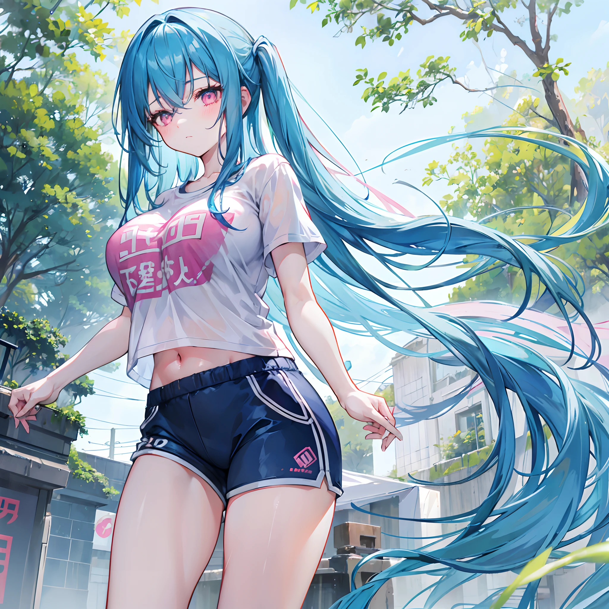Long blue hair scattered，dual horsetail，Pink eyes，Loving pupils，girl，huge tit，White sports shorts，white short sleeve，Clothes drenched in sweat，Hold your hands between your chest