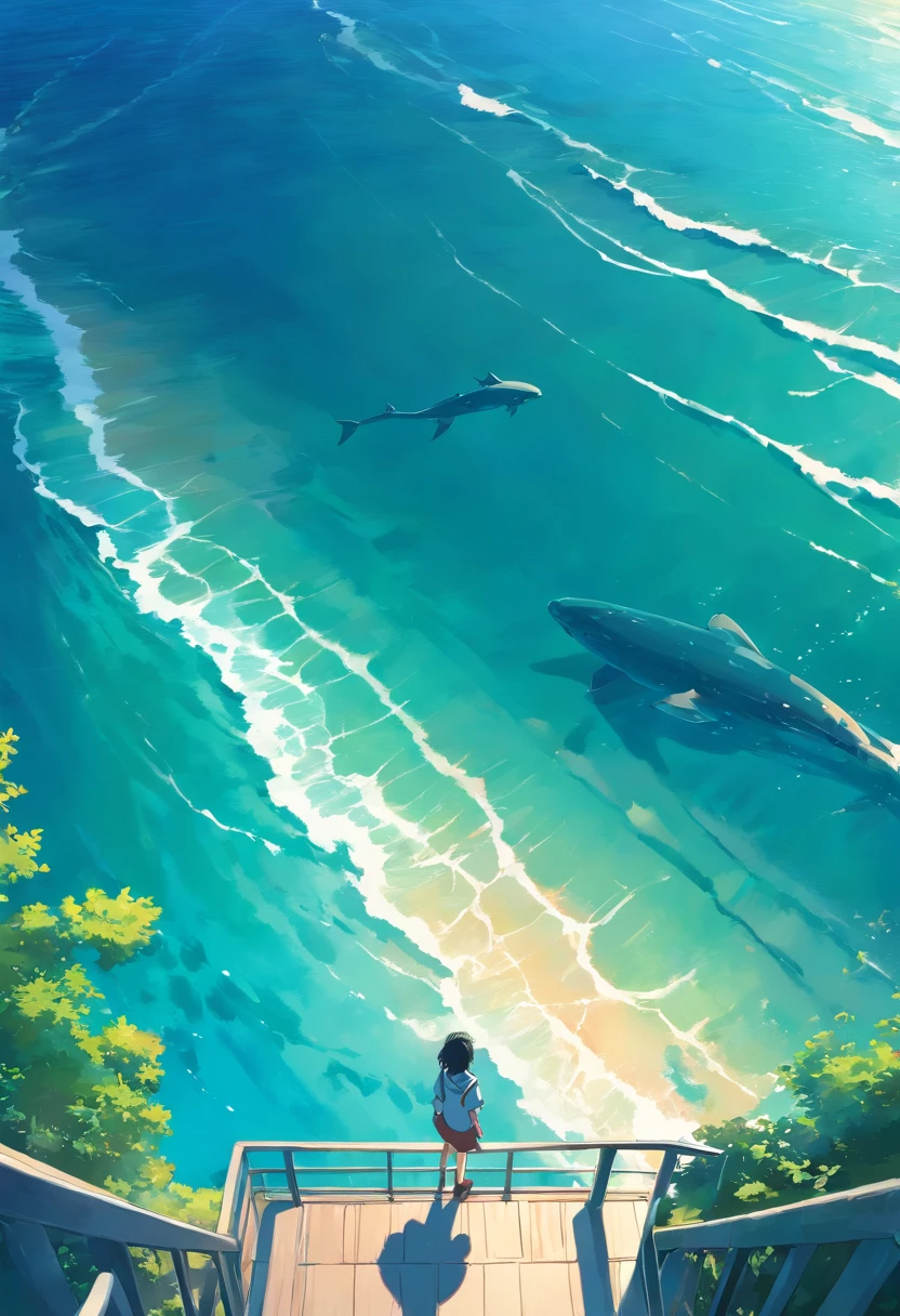 Top view, looking down on the ocean to see silhouette of giant sea creature