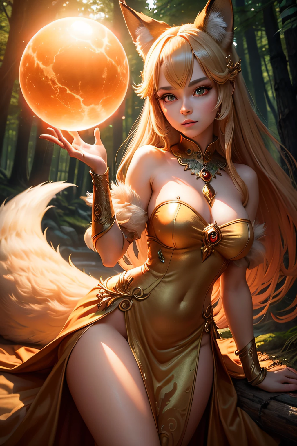 Fox girl holding a glowing orb in one hand, nine tails, beautiful dress, goddess, forest background, (masterpiece), best quality, HD, 8k, expressive eyes, perfect face