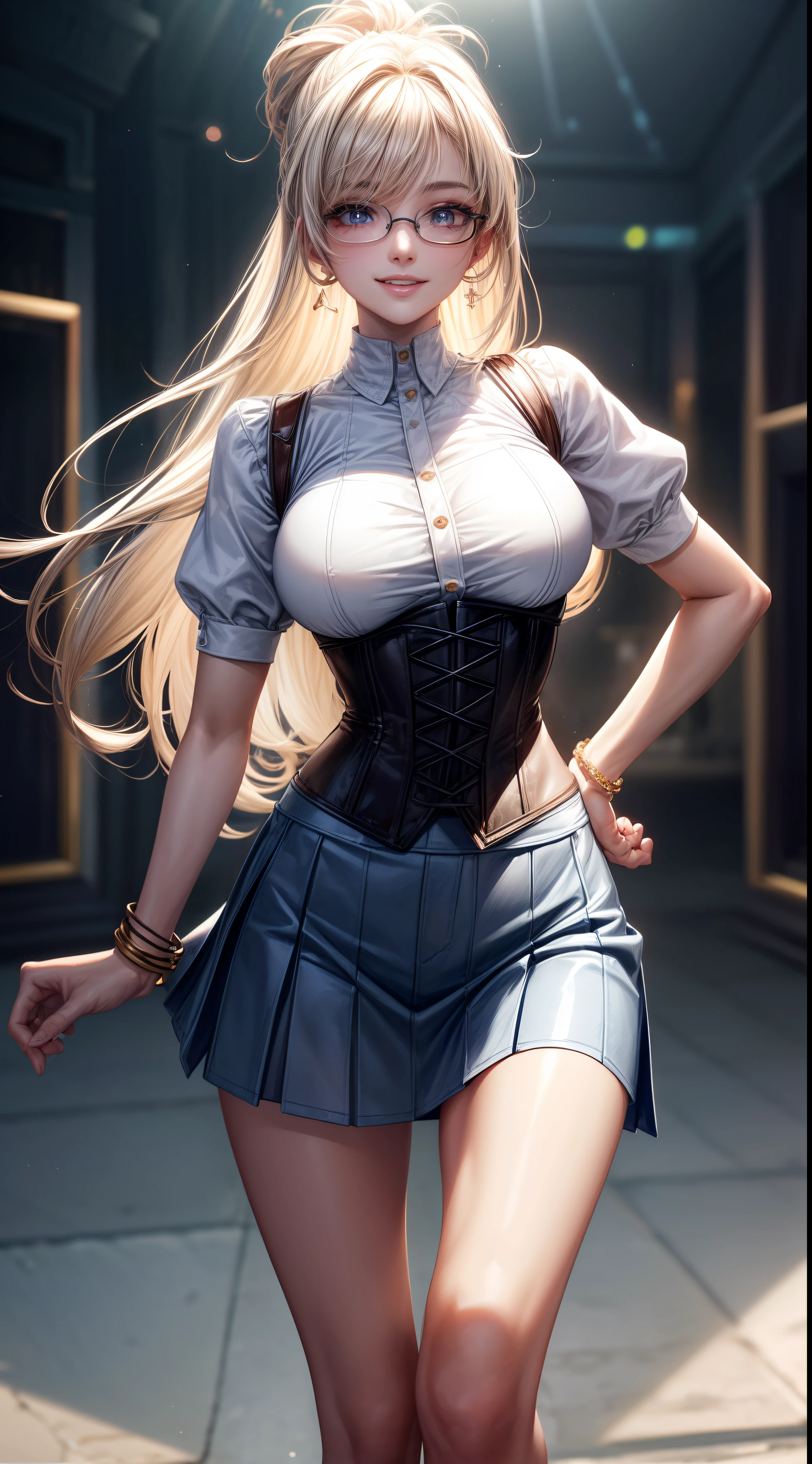 8K, masutepiece, Raw photo, Best Quality, Photorealistic, Highly detailed CG Unity 8k wallpaper, depth of fields, Cinematic Light, Lens Flare, Ray tracing, (Extremely beautiful face, Beautiful lips, Beautiful eyes), intricate detail face, ((Ultra detailed skin)) 1girl in, In the Dark, deepshadow, Pretty Korean girl, Kpop Idol, 1 girl, (Very slim and slender fit muscular body:1.3), ((Looking at Viewer)),(Big smile:1.3), (Blurred background),(No people in the background:1.3), Beautiful earrings, Bracelets, Clear eyes, Walking, (pale skin), (Big eyes), Face forward, (Golden bristles), (Full body shot), , ((blue high waist skirt)), , (Looking at Viewer:1.3) opened breast, Very slim, medium breasts, ass forcus, Before the eyebrows, thick thighs((whiteshirt:1.3)), (double-breasted,Underbust:1.2), Short sleeves, buttonGap,Frameless glasses,Corset Belt,Beautiful ponytail,a blond,