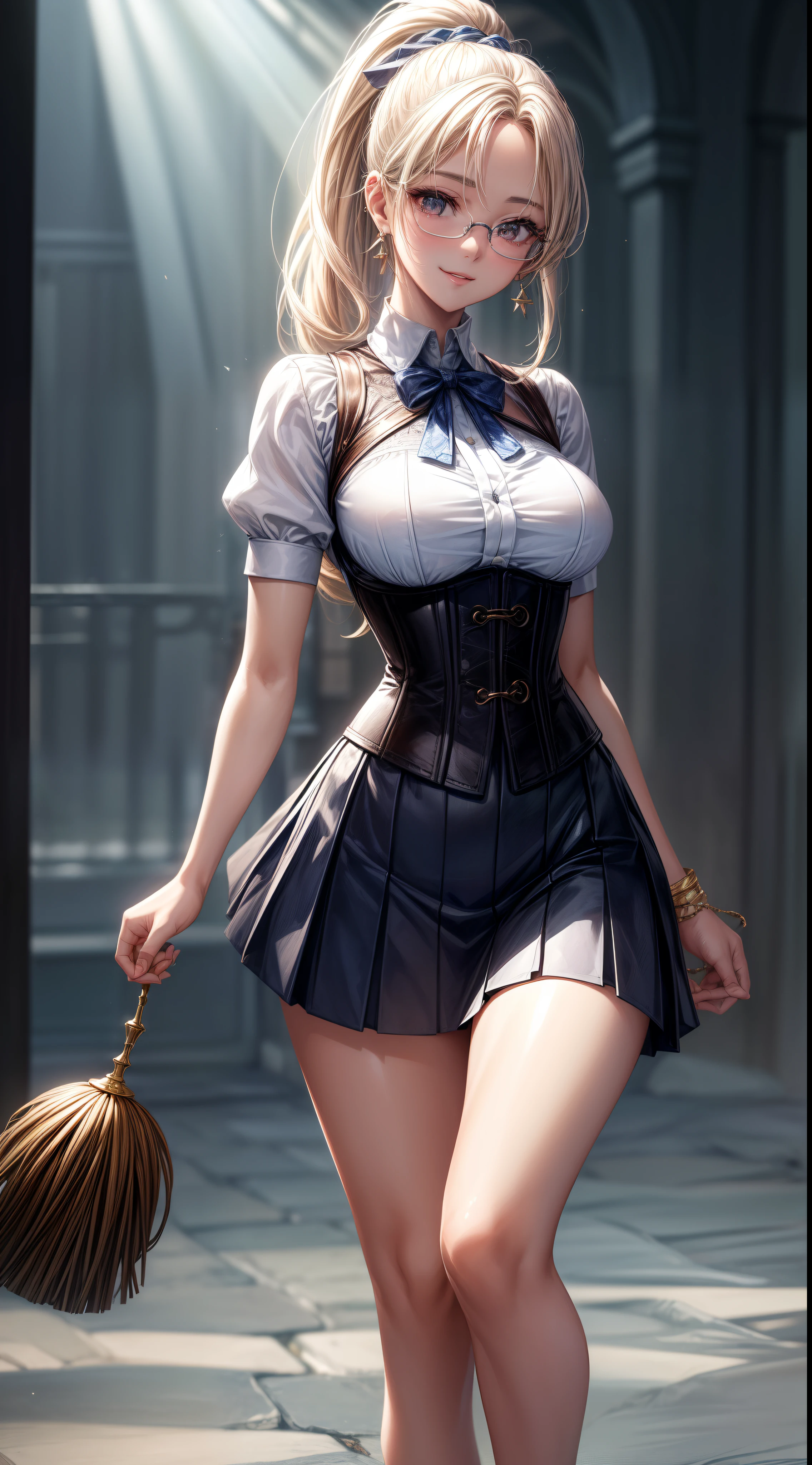 8K, masutepiece, Raw photo, Best Quality, Photorealistic, Highly detailed CG Unity 8k wallpaper, depth of fields, Cinematic Light, Lens Flare, Ray tracing, (Extremely beautiful face, Beautiful lips, Beautiful eyes), intricate detail face, ((Ultra detailed skin)) 1girl in, In the Dark, deepshadow, Pretty Korean girl, Kpop Idol, 1 girl, (Very slim and slender fit muscular body:1.3), ((Looking at Viewer)),(Big smile:1.3), (Blurred background),(No people in the background:1.3), Beautiful earrings, Bracelets, Clear eyes, Walking, (pale skin), (Big eyes), Face forward, (Golden bristles), (Full body shot), , ((blue high waist skirt)), , (Looking at Viewer:1.3) opened breast, Very slim, medium breasts, ass forcus, Before the eyebrows, thick thighs((whiteshirt:1.3)), (double-breasted,Underbust:1.2), Short sleeves, buttonGap,Frameless glasses,Corset Belt,Beautiful ponytail,a blond,