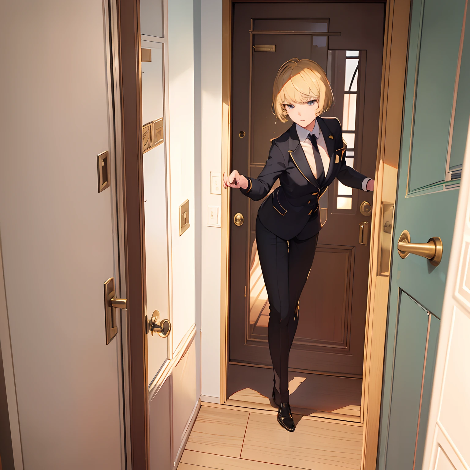1girll，(short blonde hair:1.6)，Business suit，Skirt that wraps hips，black short socks，Mature and beautiful and sexy，Rich and noble families，In the corridor of the villa，(Knocking on the door:2)，facing away from the audience，seductive, Ultra-detailed CG，Exquisite facial features，Clear facial expressions，Detailed digital anime art，Digital anime art，High quality anime art style
