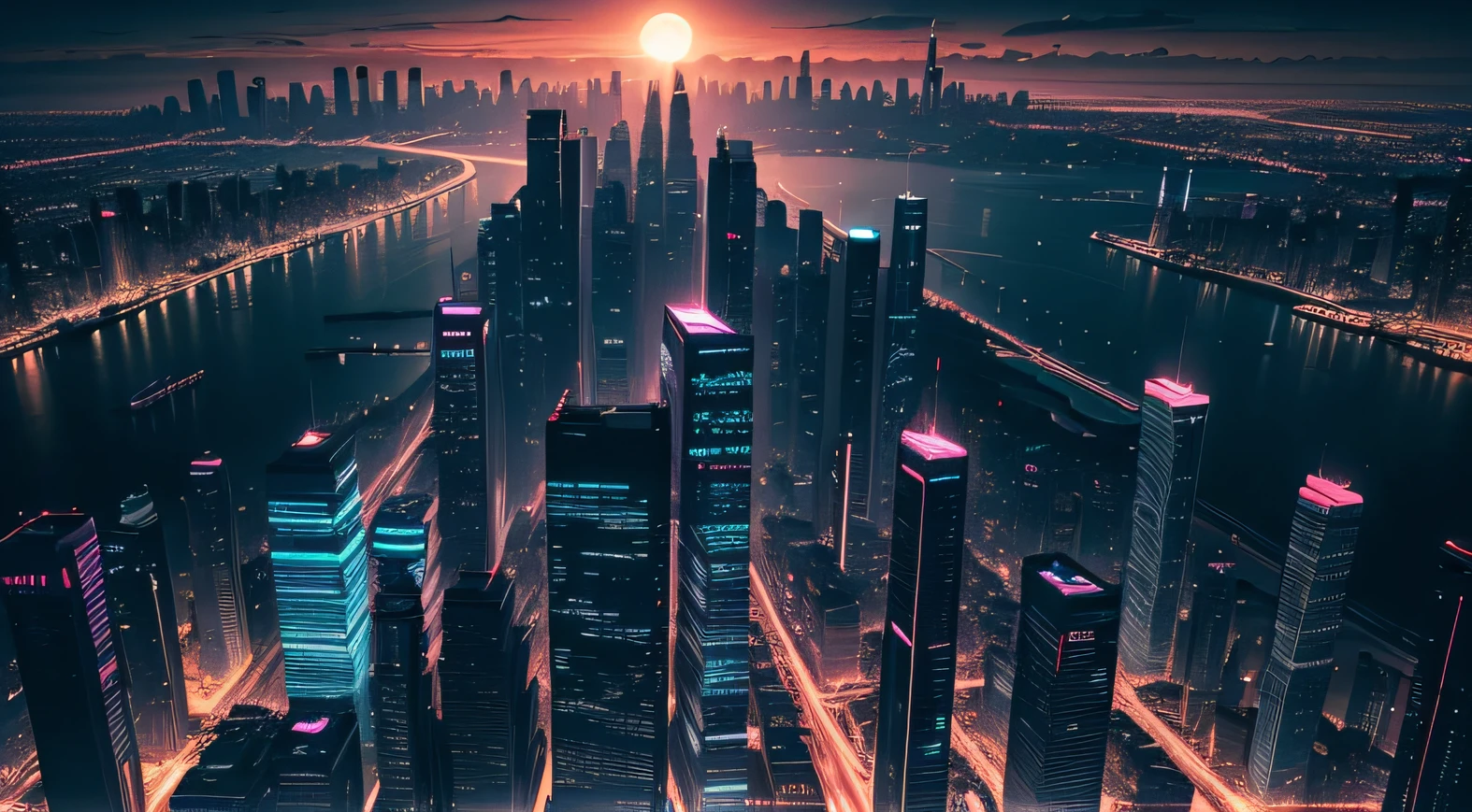 The camera pans over a sprawling, futuristic cityscape as the sun sets. Skyscrapers illuminate, their neon lights casting colorful reflections on the river below. A lone figure stands on a rooftop, gazing at the city's beauty, HD definition, 4k quality, best quality, anime