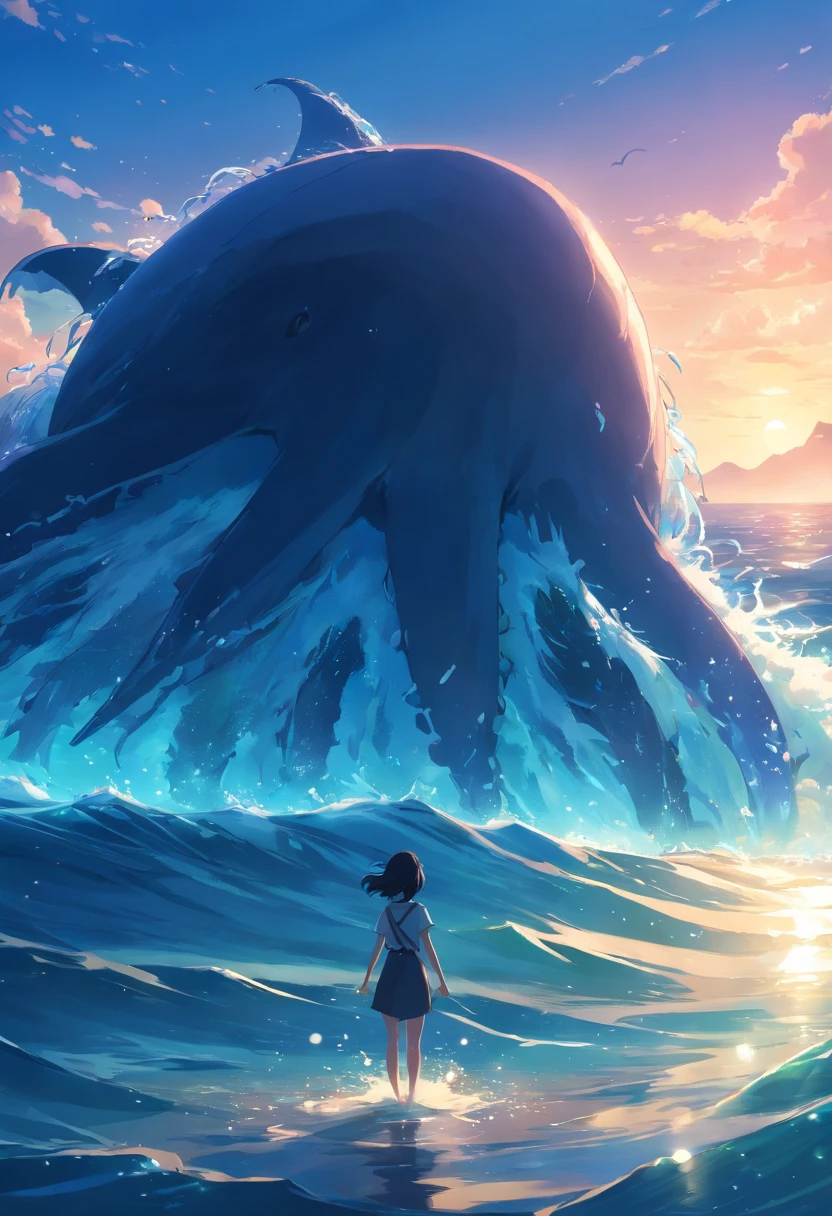 A silhouette of a giant sea creature emerging from the ocean, top view. (best quality, 4k, 8k, highres, masterpiece:1.2), ultra-detailed, (realistic, photorealistic, photo-realistic:1.37), HDR, UHD, studio lighting, ultra-fine painting, sharp focus, physically-based rendering, extreme detail description, professional, vivid colors, bokeh, portraits, concept artists, aquatic, mysterious, dark, deep blue color scheme, dramatic lighting.