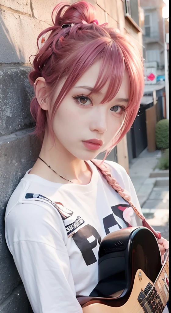(masutepiece), (Portrait), (Aesthetic), (cute little), (upper blody), (High quality), (aesthetic clothings), (professional angle), (thirds rule), (Feminine), (Woman), , (Beautiful),(Feminine features), (18year old:1.4), Solo, 1 woman, (Charming punk girl), Blue eyes,faces、(A smile:1.5),(facing front:1.2),Dramatic light, ((Playing guitar)), Edgy makeup, (Small bust), ((electric guitar)), (Front face), (Leather jackets and tattoos), ((Short hair)), (dyed (E.G. and pinks) hair), (spiky hair), (Thick hair), Matte Shine Hair, (Hair bands scattered in the hair), (Bold and bold look), (pale skin), (Dark clothes), (Band T-shirt), (Ripped jeans), ((Urban alley background)), (up close shot), Beautiful hands, Two hands, normal hands, Two arms, complete hands, Beautiful body, Beautiful fingers, normal fingers, Five Fingers, Five Fingers, (Thumb index finger ring finger), Beautiful ears, normal ears, Beautiful eyes, shiny eyes, Beautiful mouth, Beautiful lips,Medium hair with pink hair, (Pink hair), Ear Hair, small tits, Single braid, (Single braid), (Side braid)