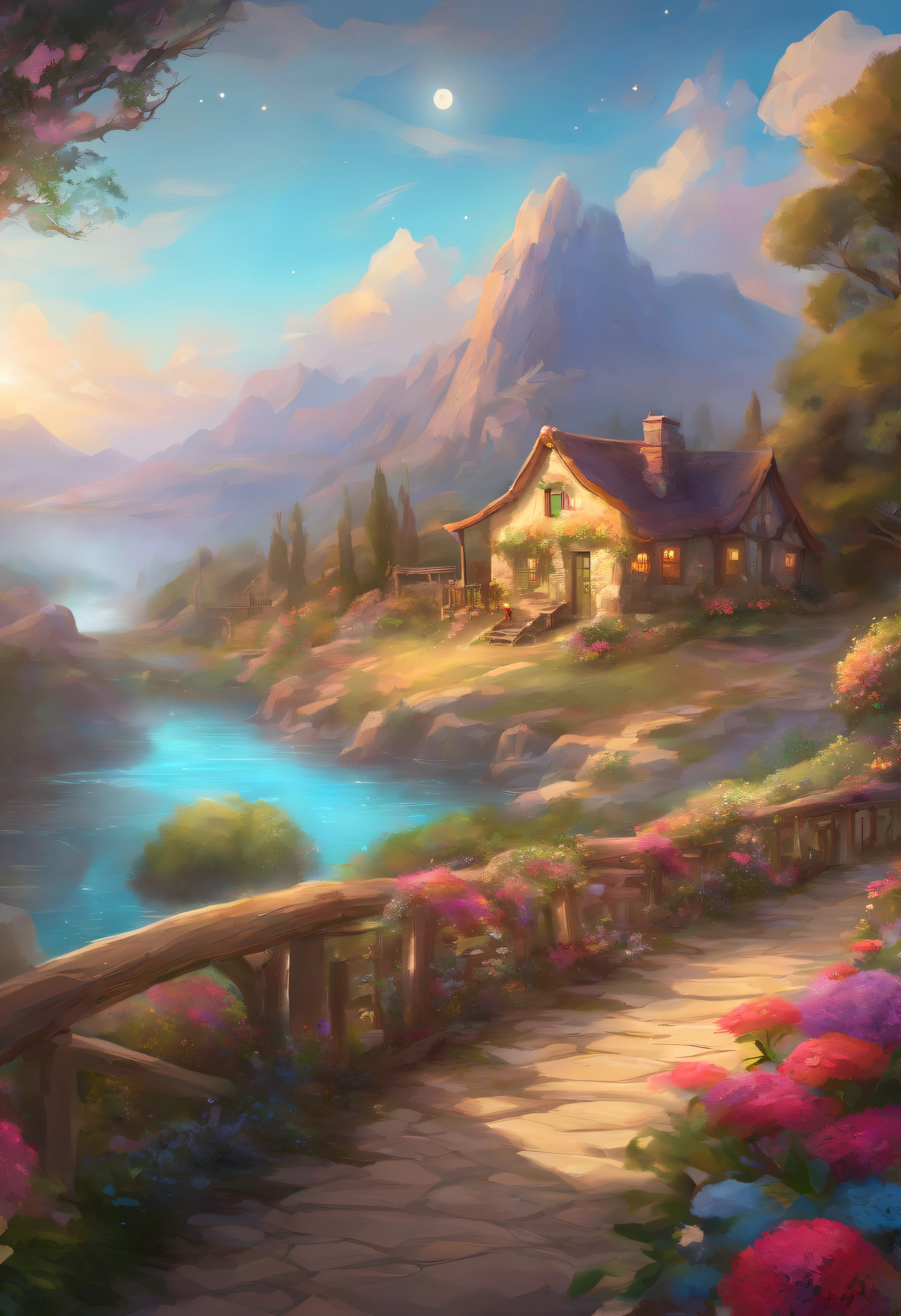 painting of a cottage, flowers beside of fence, fence along the road, mountain landscape with a lake and a boat, illustration matte painting, inspired by Thomas Kinkade, symmetric matte painting, detailed scenery , style raw, 8 k ultra detailed, environment design illustration, scenery art detailed, Seaside view, concept-art, 4k highly detailed digital art, 4 k digital painting, 4k digital painting, stunning digital illustration, Desert background, digital painting concept art, Detailed digital painting