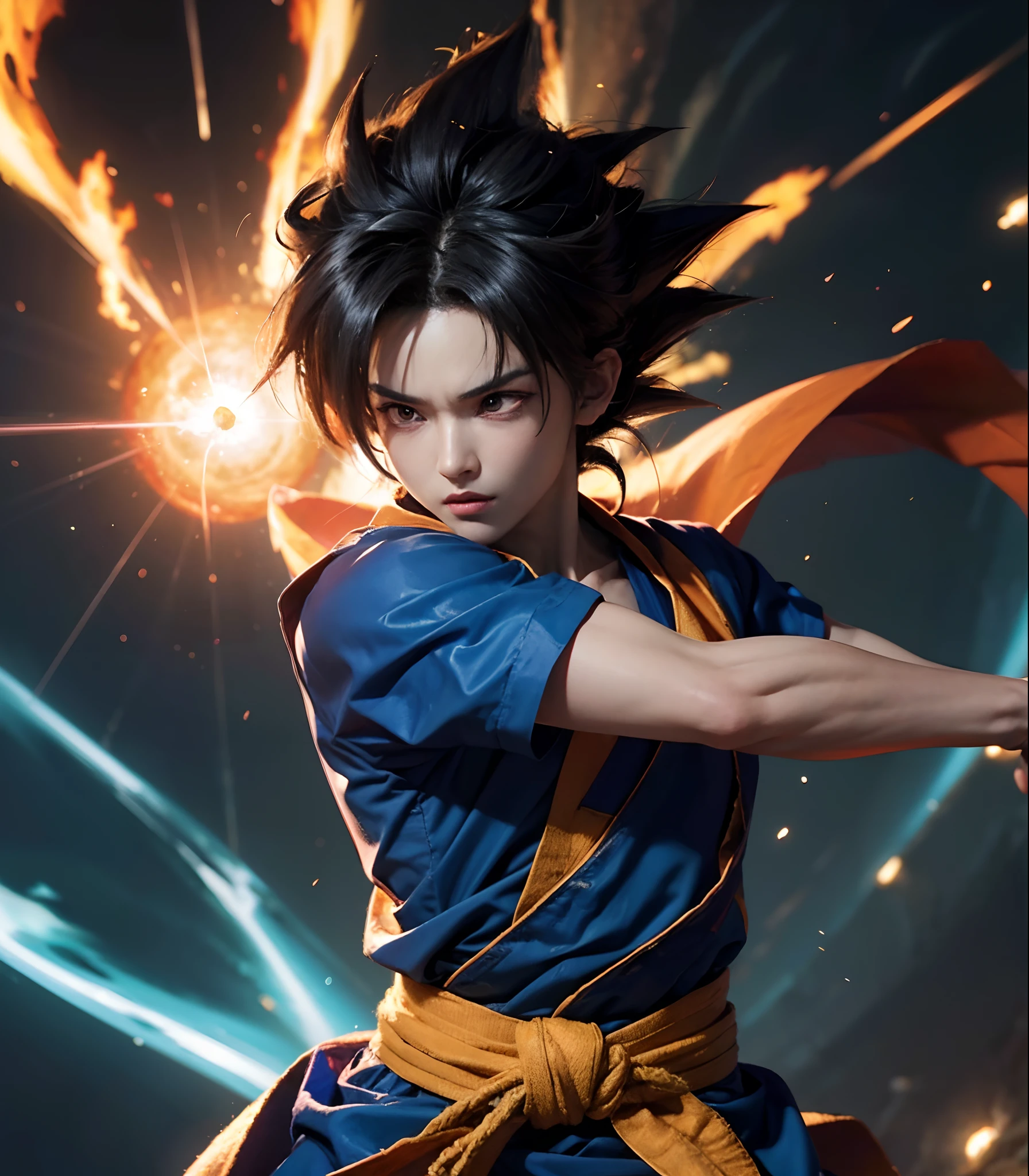 (best quality,4k,8k,highres,masterpiece:1.2),ultra-detailed,realistic,portrait,anime,Dragon Ball,Z-Fighters,Son Goku,fighting stance,black spiky hair,bold and determined eyes,powerful aura,saiyan warrior,flying movement,action pose,blue gi,orange martial arts uniform,long tail,super saiyan transformation,kamehameha energy attack,battle scene,explosions,charged atmosphere,vivid colors,strong lighting effects
