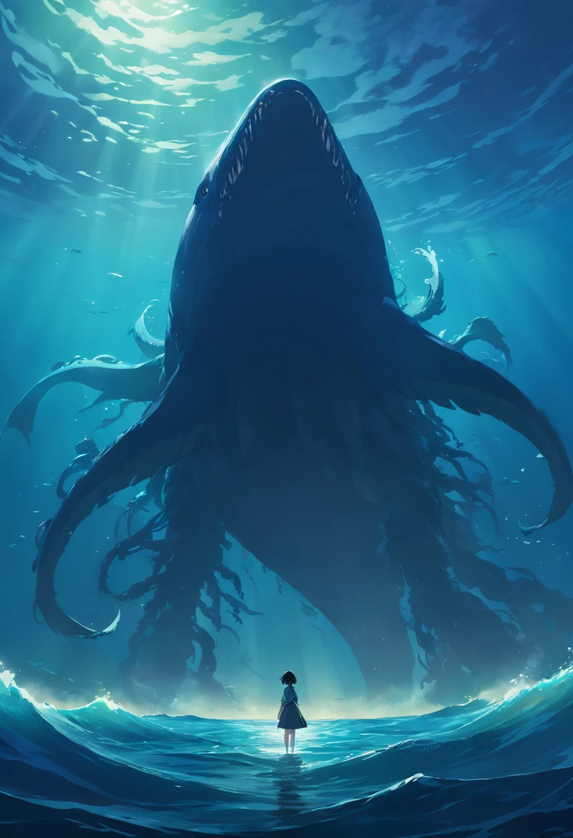 (best quality,4k,8k,highres,masterpiece:1.2),ultra-detailed,(realistic,photorealistic,photo-realistic:1.37),top view,looking down,giant sea creature silhouette,dark,scary,ocean view,underwater,monstrous figure,dreadful presence,secluded waters,ominous atmosphere,deep abyss,mysterious creature,fear-inducing,terrifying sea monster, majestic,imposing,creature's scales shimmering in the murky depths,oceanic depths,monstrous proportions,wide expanse of dark waters,dark and foreboding,shadows dancing,ominous silhouette,eerily quiet,the unknown lurking below,vast and desolate,intense feeling of isolation,sinister vibes,darkness creeping,ominous presence,terrifyingly beautiful,intimidating,eye-catching,the terrifying beauty of the sea.