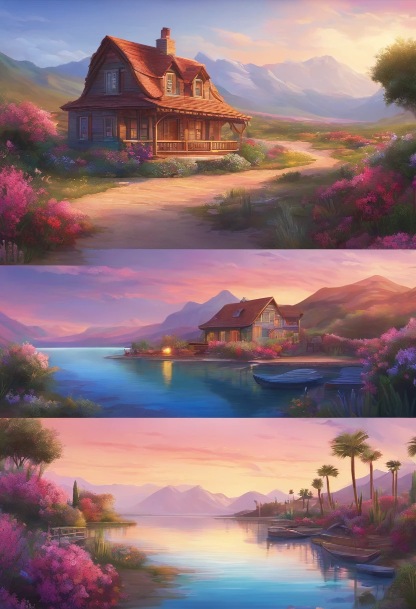 painting of a cottage, flowers beside of fence, fence along the road, mountain landscape with a lake and a boat, illustration matte painting, inspired by Thomas Kinkade, symmetric matte painting, detailed scenery , style raw, 8 k ultra detailed, environment design illustration, scenery art detailed, Seaside view, concept-art, 4k highly detailed digital art, 4 k digital painting, 4k digital painting, stunning digital illustration, Desert background, digital painting concept art, Detailed digital painting